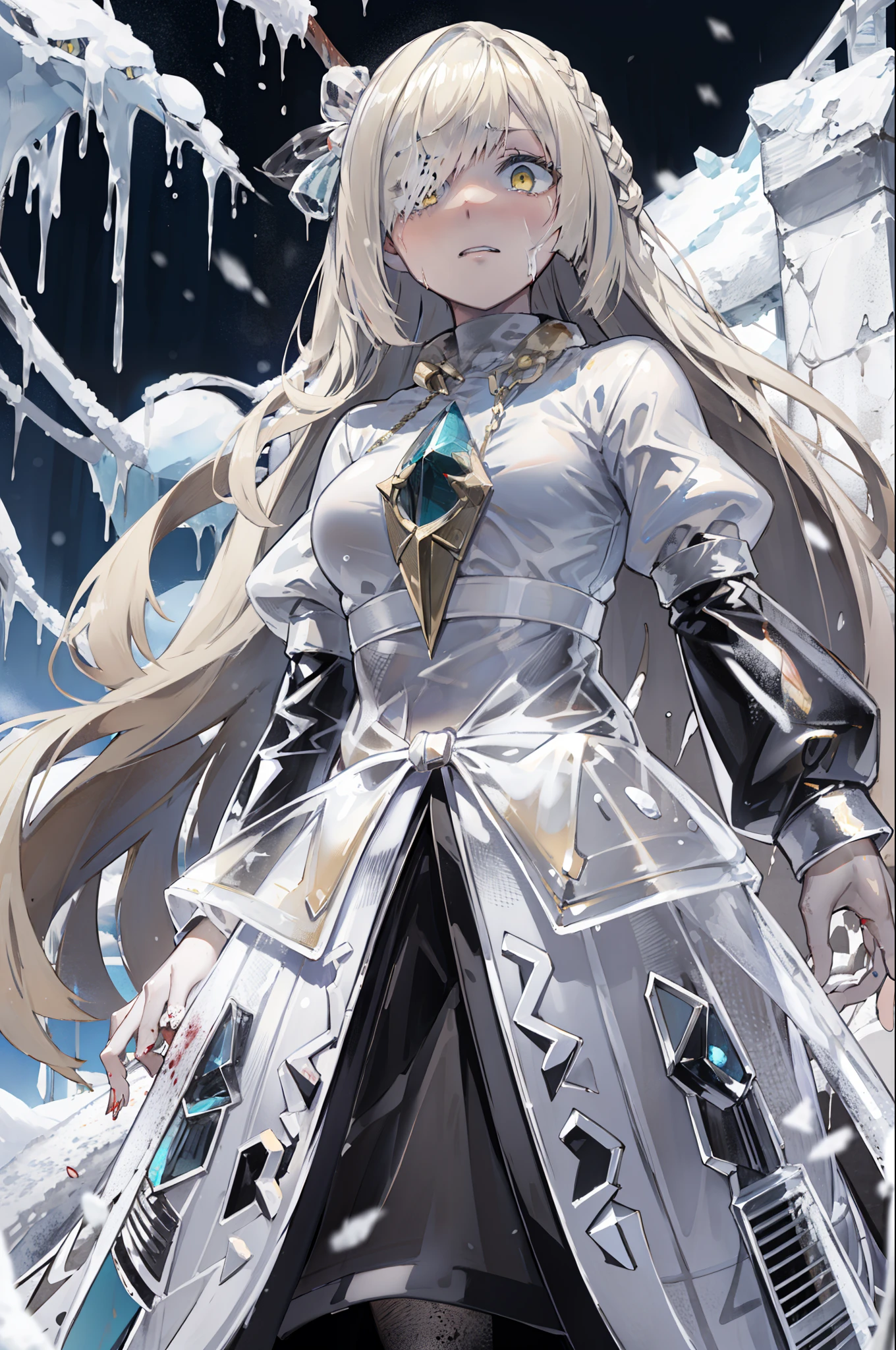 Ice-covered back alley，Constricted pupils，Despair face，scared expression，freeze，Ice pickling，Trapped in the ice，Hard type，Snow Statue，masutepiece,Best Quality，Bleeding，vomit blood，，Bloody tears,1girl in,maturefemale,Lusamine,Blonde hair,Yellow eyes,Very long hair,(Hair over one eye:1.3),Dress,Sleeved,Cowboy Shot,From below,