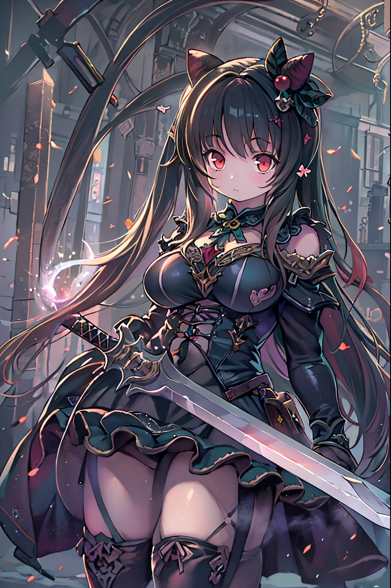 (Best Quality), Dark Fantasy, Big sword, magical , Gothic, Twin-tailed, Realistic, ultra-detailliert, High Definition, Anime,