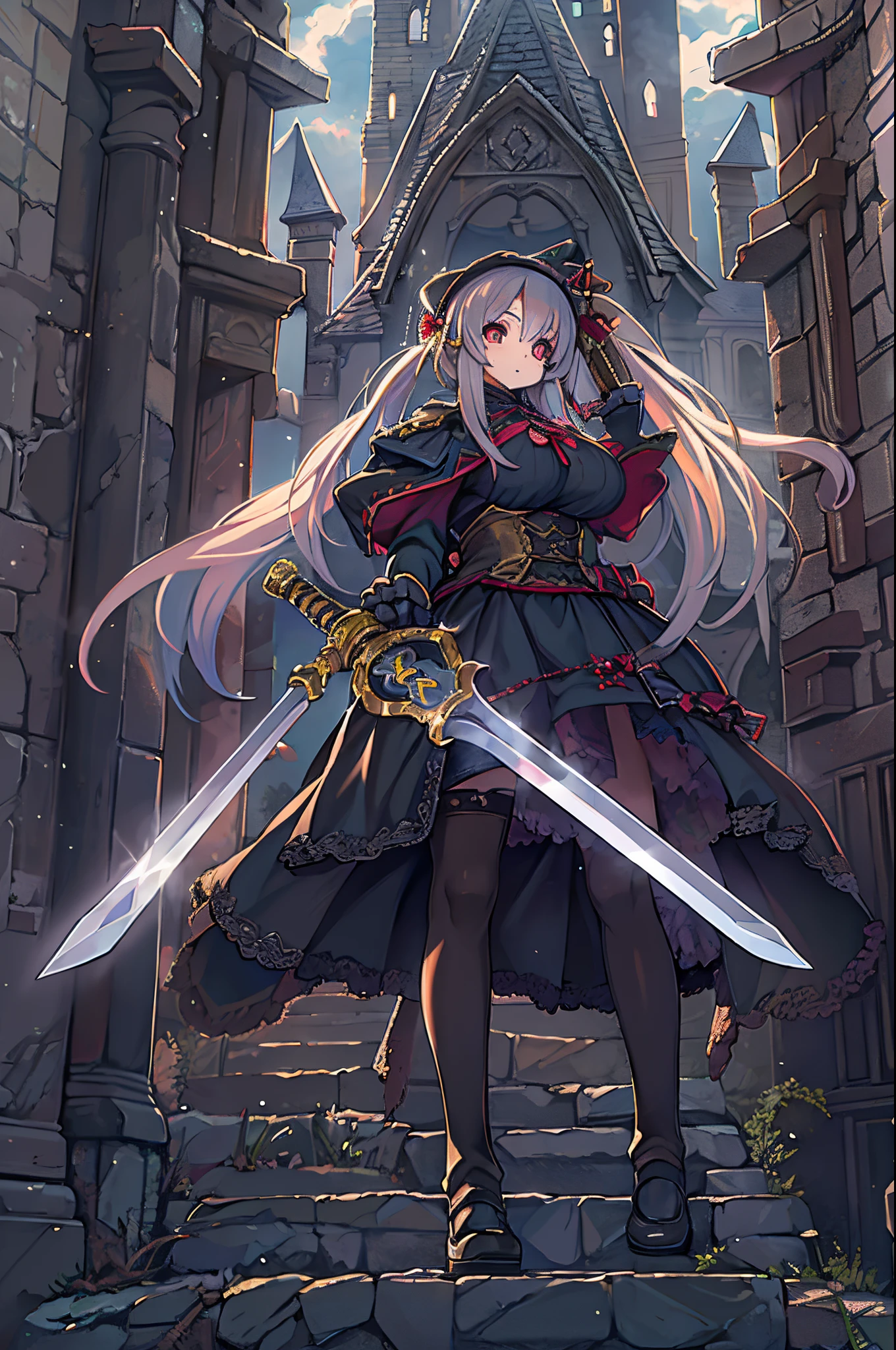 (Best Quality), Dark Fantasy, Big sword, magical girl, Gothic, Twin-tailed, Realistic, ultra-detailliert, High Definition, Anime,