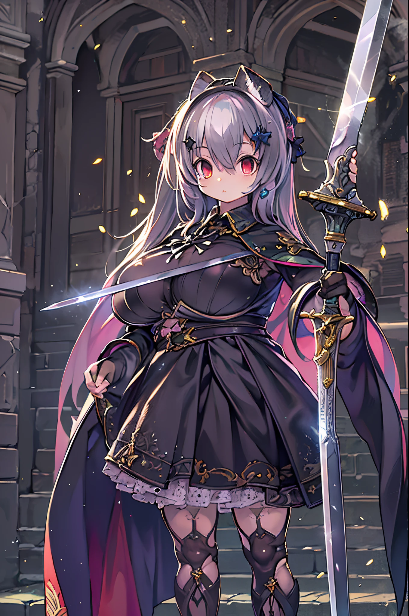 (Highest quality), Dark fantasy, Big sword, Magical girl, Gothic, Twin tails, Realistic, Super detailed, High resolution, anime,  