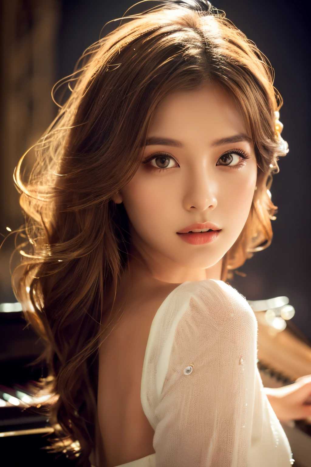(best quality,4k,highres),(realistic,photorealistic:1.37),beautiful girl,detailed eyes and face,long eyelashes,closeup of beautiful lips,stage,piano,spotlight,grandeur,sophisticated lighting,vibrant colors,musical atmosphere,dramatic pose,gentle expression,flowing dress,elegant,graceful movements,artistic backdrop,dynamic composition,emotional depth,exquisite details,masterpiece-worthy,professional portrait,artistic flair