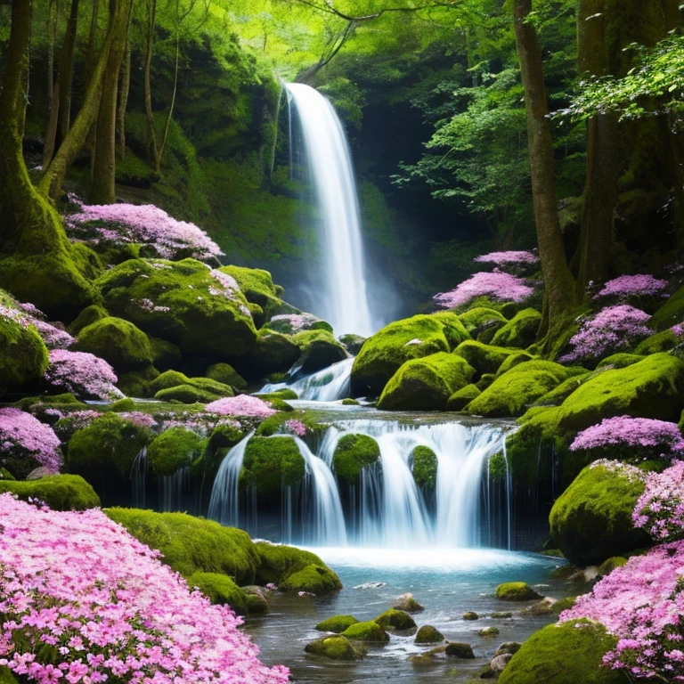 Waterfall in the forest where flowers bloom