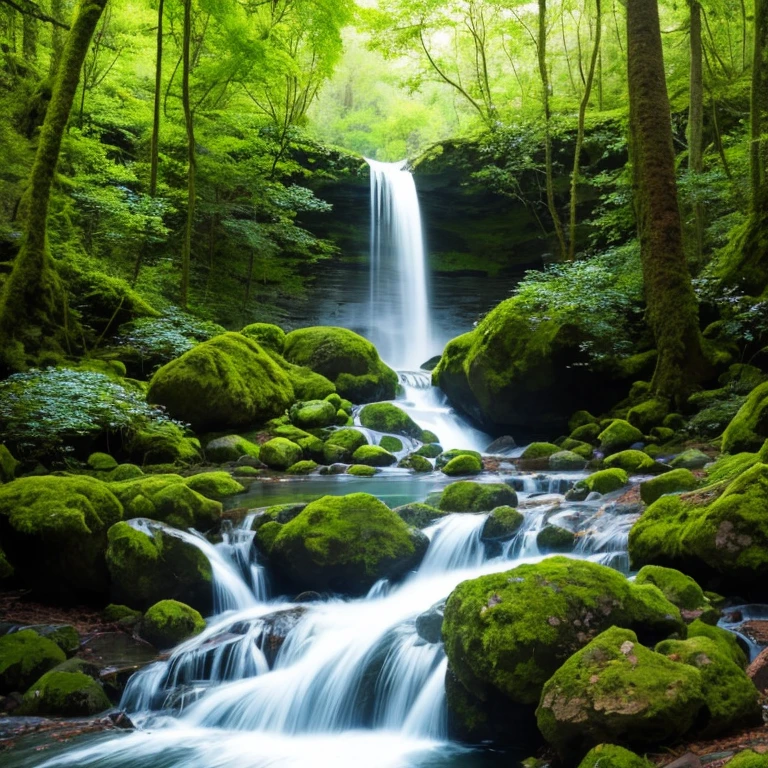 Waterfall in the forest where flowers bloom