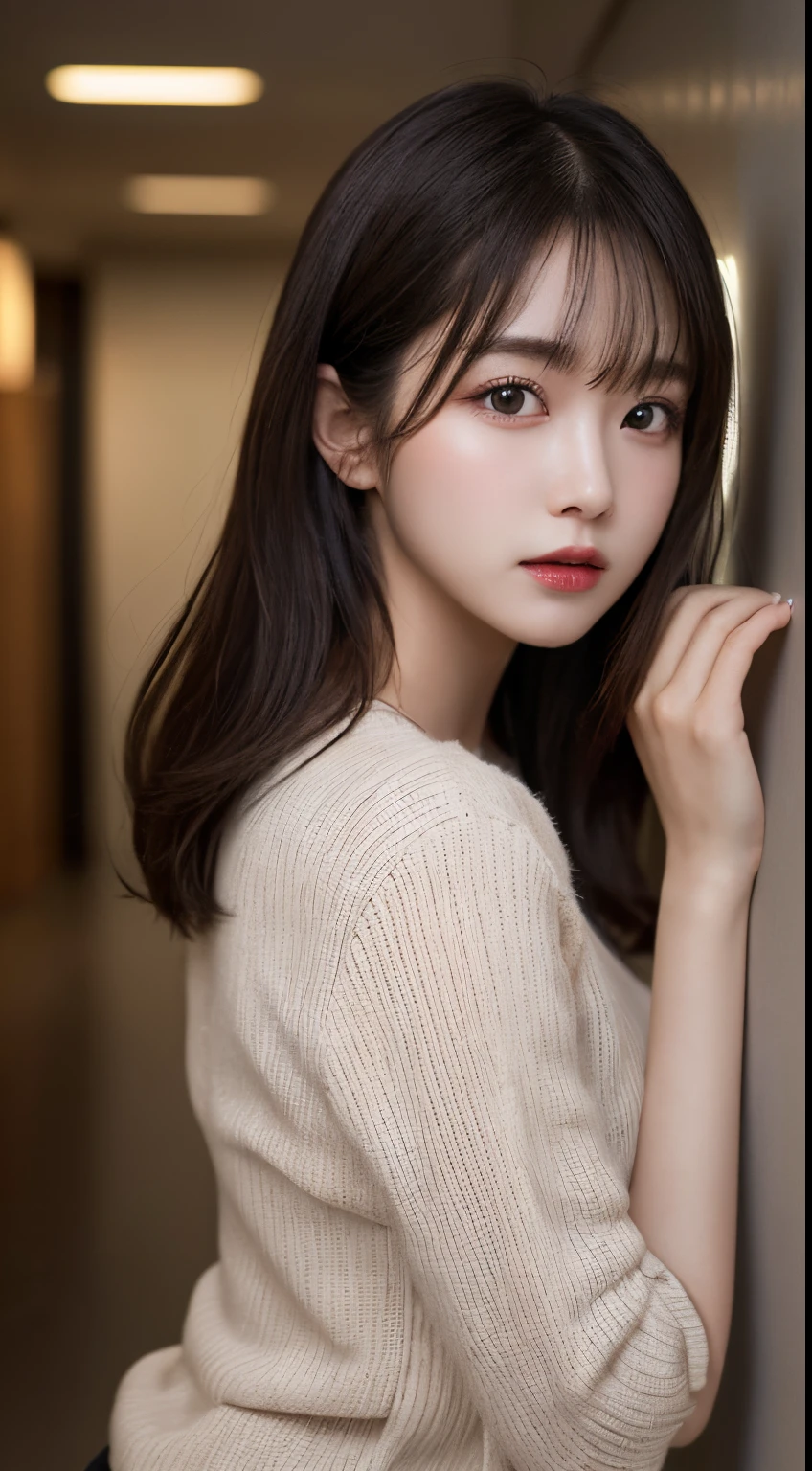 finely detail, hight resolution, hightquality、Perfect dynamic composition, Beautiful detailed eyes, Medium Hair, small tits、Natural Color Lip,Kamimei、Shibuya、20 years girl、1 persons、Transparent skin、Glowing hair、masutepiece, Best Quality, Illustration, Ultra-detailed, finely detail, hight resolution, 8K、The correct state of the human body、Crouch down、pretty pose,dishevled hair,beauty legs,Perfect beautiful face,KPOP Idol Face,Face that feels ecstasy,Pale light grey knitted dress(a miniskirt),Background blur,Home(a room)
