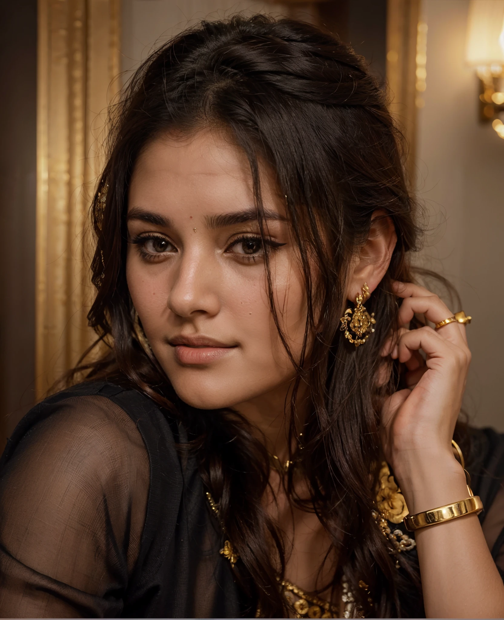 a close up of a woman with a black shirt and gold jewelry, very beautiful girl, cute beautiful, beautiful cute, attractive girl, traditional beauty, very pretty face, beuatiful face, handsome girl, with lovely look, actress, with cute - fine - face, by Max Dauthendey, pretty face!!, nivanh chanthara