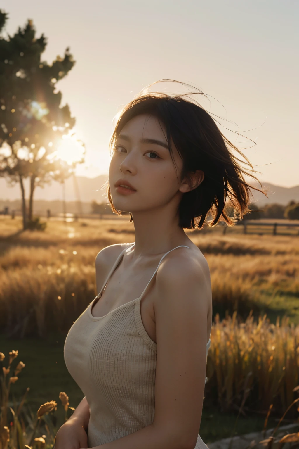 Best quality,masterpiece,ultra high res,photorealistic,raw photo,unity 8k wallpaper, panorama, cinematic lighting, on grass, sunset, dappled sunlight, golden hour lighting, backlighting, blurry background, (lens flare), wind, pastel colors, soft light, 1girl,floating short hair, sad,upper body, big breast