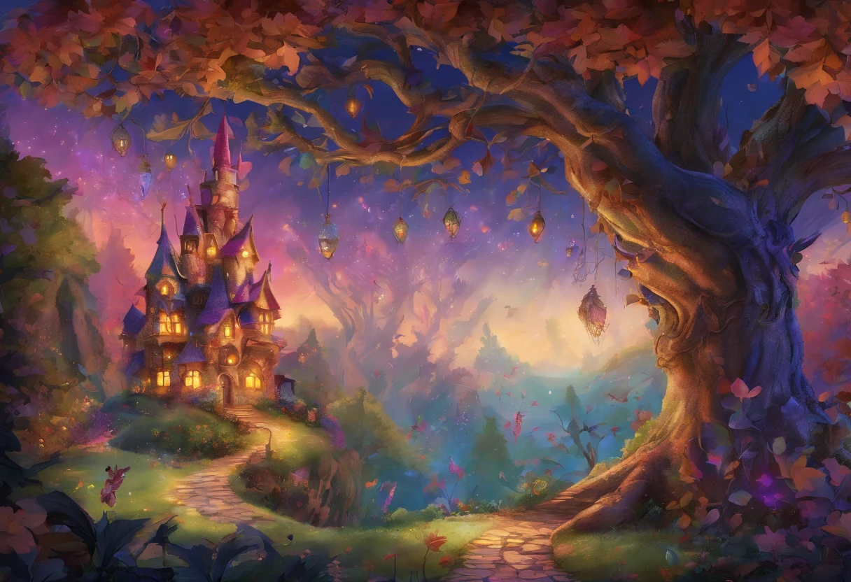 "tree with bright iridescent leaves, Casting its majestic shadow over an enchanting fantasy village."Fantastical、In a dream、PILLOWS、Sleep wine、