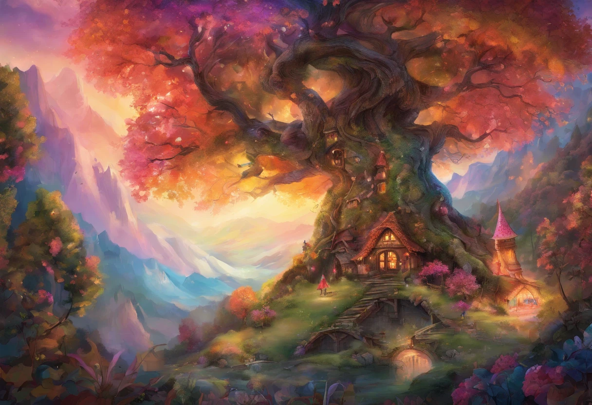 "tree with bright iridescent leaves, Casting its majestic shadow over an enchanting fantasy village."Fantastical、In a dream、PILLOWS、Sleep wine、