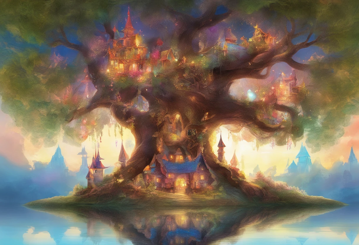 "tree with bright iridescent leaves, Casting its majestic shadow over an enchanting fantasy village."Fantastical、In a dream、PILLOWS、Sleep wine、