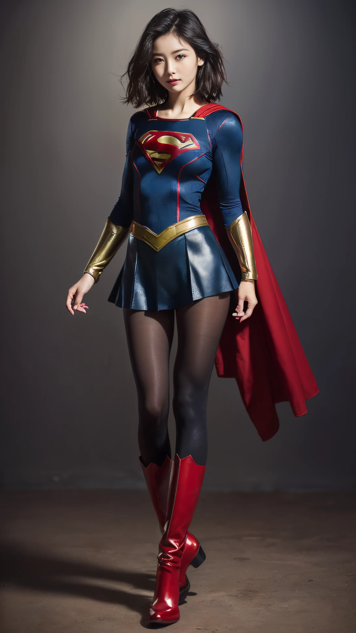 Asian Beautiful Girl、(((Wear black tights on your beautiful legs.)))、(((beauty legs)))、(((facial expression of smile)))、((((Make the most of the original image)))、(((Supergirl Costume)))、(((a short bob、beautiful hairl)))、(((Suffering)))、(((Feet must necessarily be worn with black tights)))、(((You need to wear red boots)))、((Top image quality、8K))、((top-quality、8K、masterpiece:1.3))、(((Keep your background simple)))、Crisp focus:1.2、Beautiful woman with perfect body shape:1.4、Slender Abs:1.2、a wet body:1.5、Highly detailed facial and skin texture、8K、beauty legs