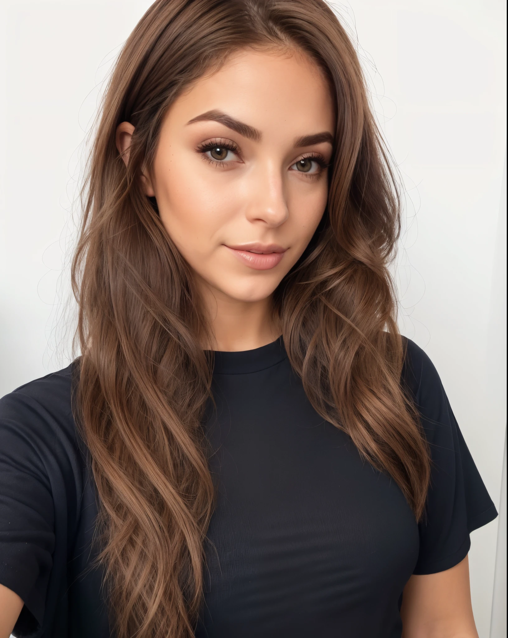um close up de uma mulher com cabelos longos vestindo uma camisa preta, cabelos castanhos, com cabelo castanho, Cabelos castanhos claros separados, lindo rosto atraente, lindo modelo jovem, centro de cabelos castanhos separados, menina bonita, morena com cabelos loiros tingidos, cabelos castanhos e olhos grandes, menina atraerown messy hair, light brown messy hair, cabelos castanhos claros