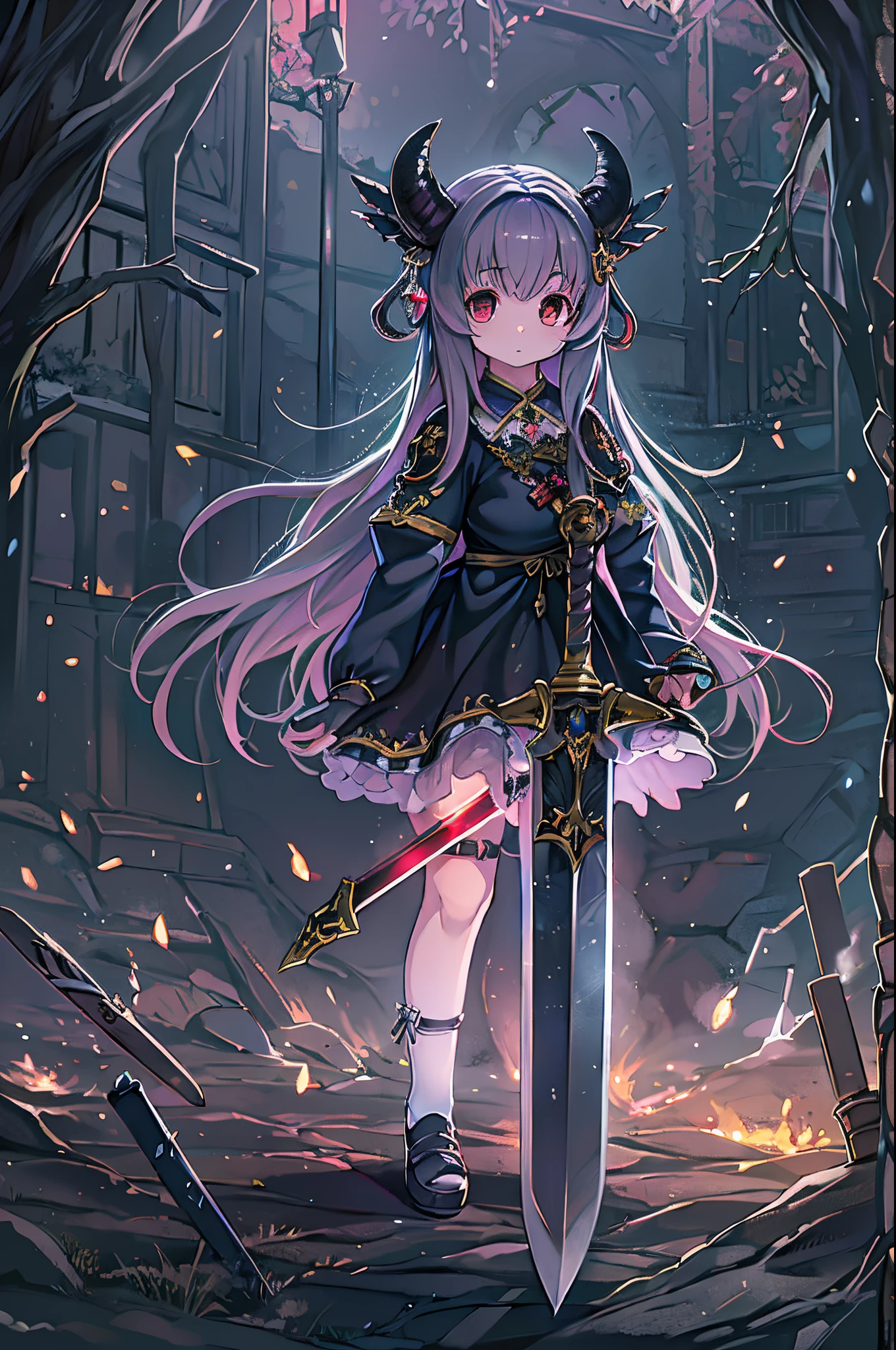 (Best Quality), Dark Fantasy, Big sword, magical girl, Gothic, Twin-tailed, Realistic, ultra-detailliert, High Definition, Anime,
