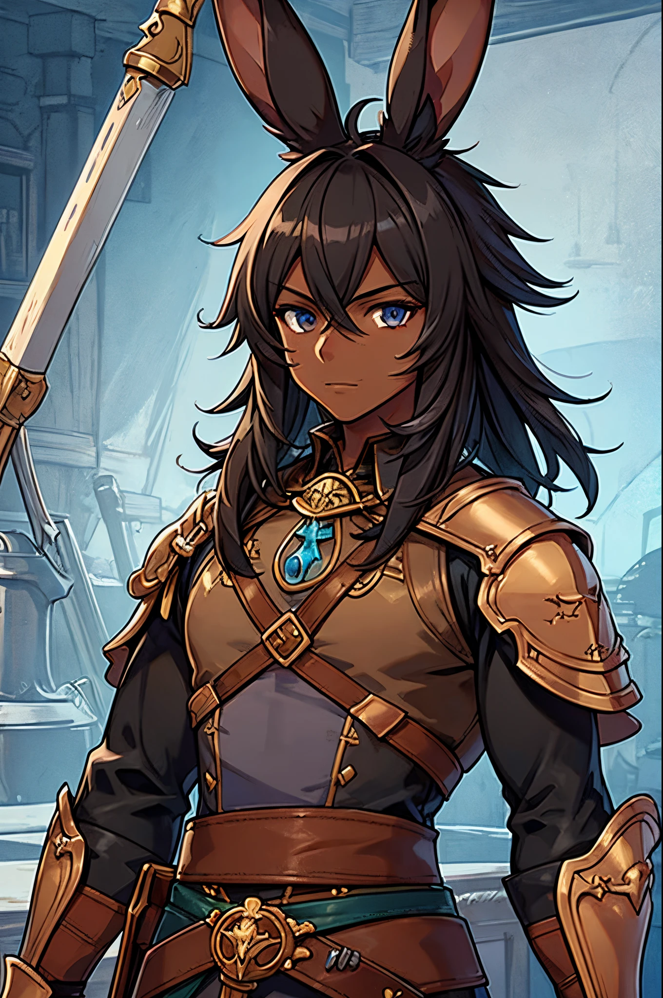 masterpiece,detailed, detailed face, fine detailed eyes, Artificer, Gunner, Rabbit Ears, RPG fantasy game, male, dark skin, dark hair, black fur, male adventurer