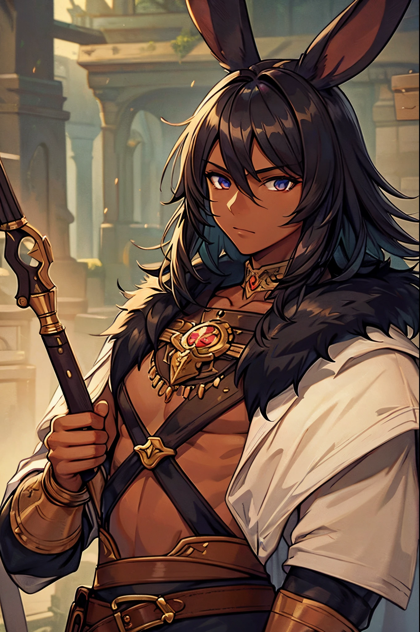 masterpiece,detailed, detailed face, fine detailed eyes, Artificer, Gunner, Rabbit Ears, RPG fantasy game, male, dark skin, dark hair, black fur, male adventurer