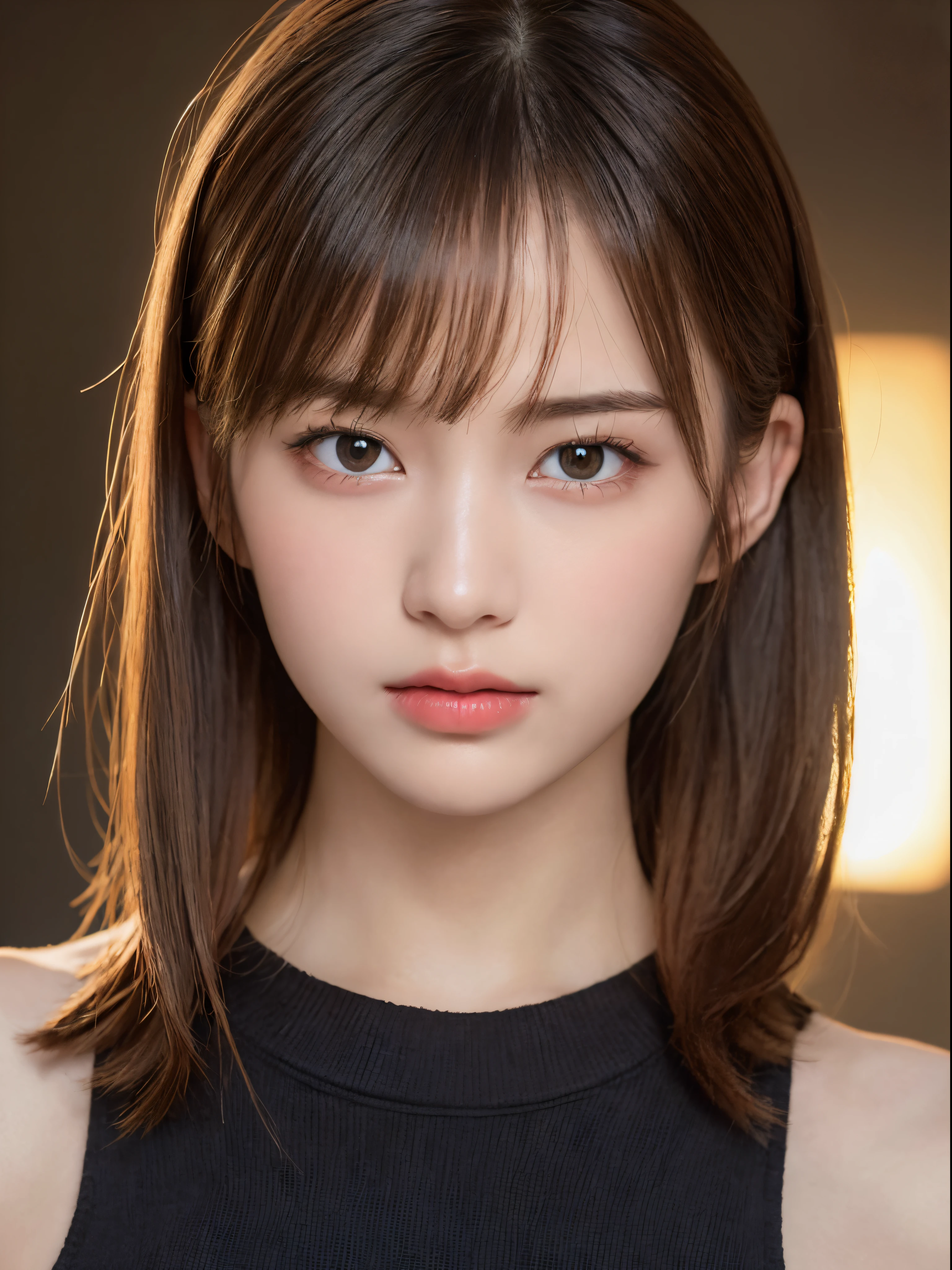 (masterpiece:1.3), (8K, Photorealsitic, Raw photography, Top image quality: 1.4), 20 year old girl、(Random hairstyles:1.2)、Super Detail Face、Eye of Detail、二重まぶた、foco nítido:1.2、prety woman:1.4、light brown hair、poneyTail、Natural Color Lip、top-quality、masterpiece、超A high resolution、(Photorealsitic:1.4)、very detailed and professional lighting、Wear a black sweater、slender、serious facial expression、Transparent skin、randome pose、Glowing hair、Gravure Model Pose、