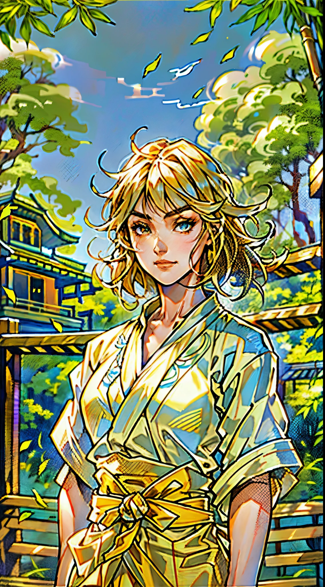 A girl, short golden hair styled in an upward fashion, a tuft of hair bangs, a melancholic expression, sharp gaze, a playful smile, a two-piece fantasy-style Chinese outfit, a complexly layered white undershirt, a loose-knit outer coat, a yellow silk belt, coarse cloth trousers, the backdrop showcases a wooden house set in a bamboo forest, creating a refreshing and dreamy atmosphere, this character embodies a finely crafted fantasy-style wise in anime style, characterized by an exquisite and mature manga illustration art style, high definition, best quality, highres, ultra-detailed, ultra-fine painting, extremely delicate, professional, anatomically correct, symmetrical face, extremely detailed eyes and face, high quality eyes, creativity, RAW photo, UHD, 8k, Natural light, cinematic lighting, masterpiece-anatomy-perfect, masterpiece:1.5