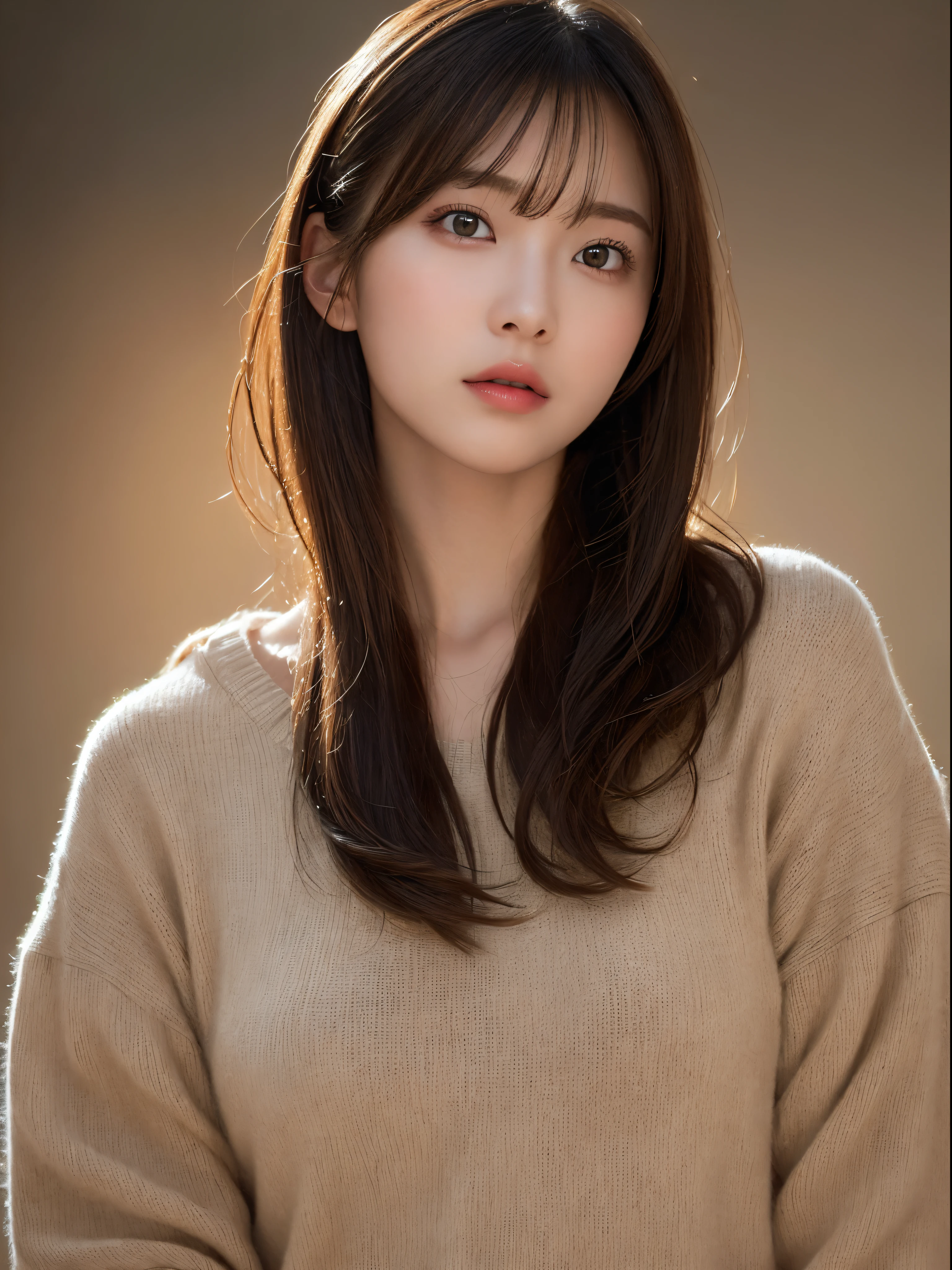 (​masterpiece:1.3), (8K, Photorealsitic, Raw photography, Top image quality: 1.4), 20 year old girl、(Random hairstyles:1.2)、Super Detail Face、Eye of Detail、二重まぶた、foco nítido:1.2、prety woman:1.4、light brown hair、poneyTail、Natural Color Lip、top-quality、​masterpiece、超A high resolution、(Photorealsitic:1.4)、very detailed and professional lighting、Wear a black sweater、slender、serious facial expression、Transparent skin、randome pose、Glowing hair、Gravure Model Pose、