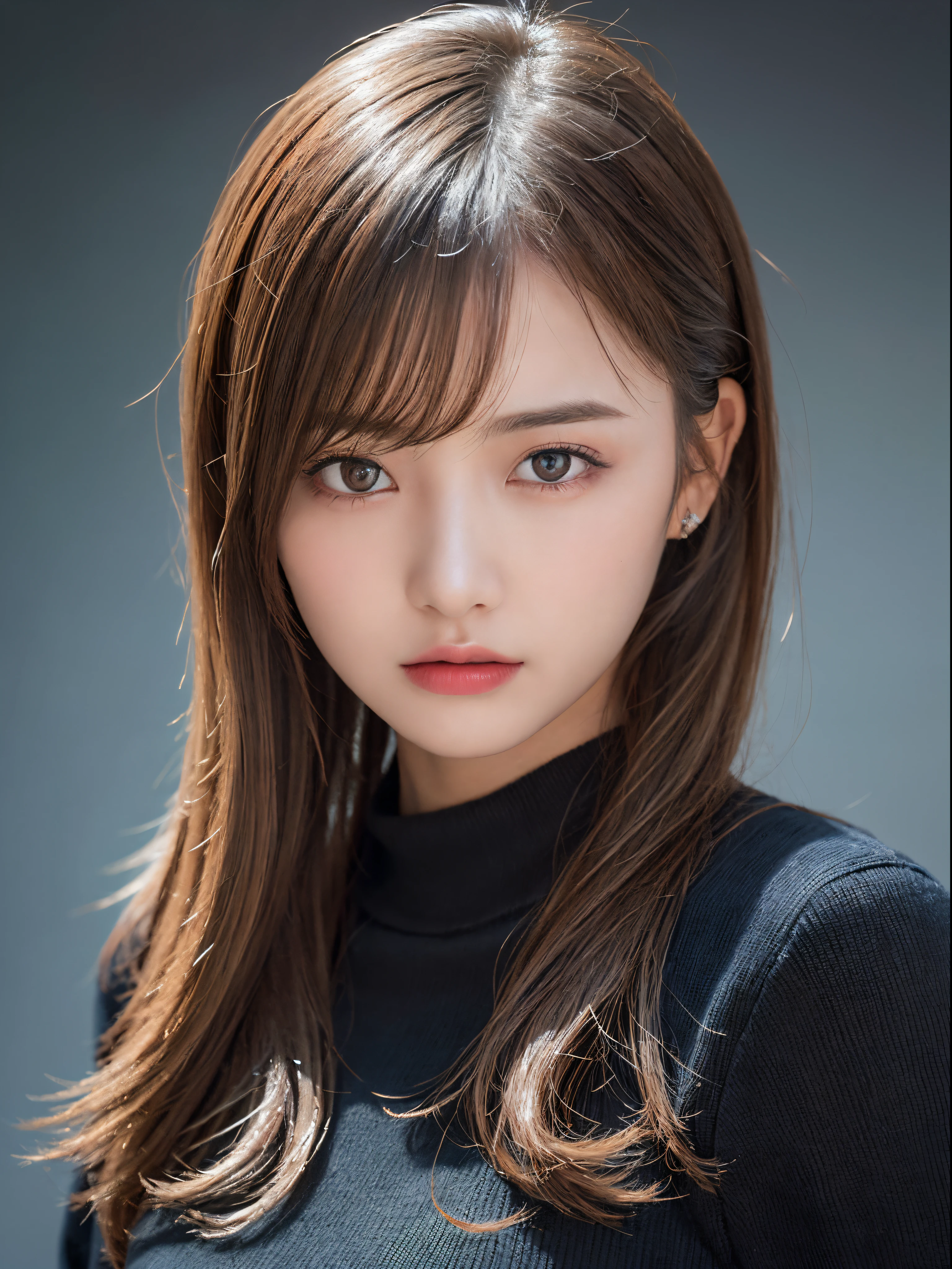(masterpiece:1.3), (8K, Photorealsitic, Raw photography, Top image quality: 1.4), 20 year old girl、(Random hairstyles:1.2)、Super Detail Face、Eye of Detail、二重まぶた、foco nítido:1.2、prety woman:1.4、light brown hair、poneyTail、Natural Color Lip、top-quality、masterpiece、超A high resolution、(Photorealsitic:1.4)、very detailed and professional lighting、Wear a black sweater、slender、serious facial expression、Transparent skin、randome pose、Glowing hair、Gravure Model Pose、