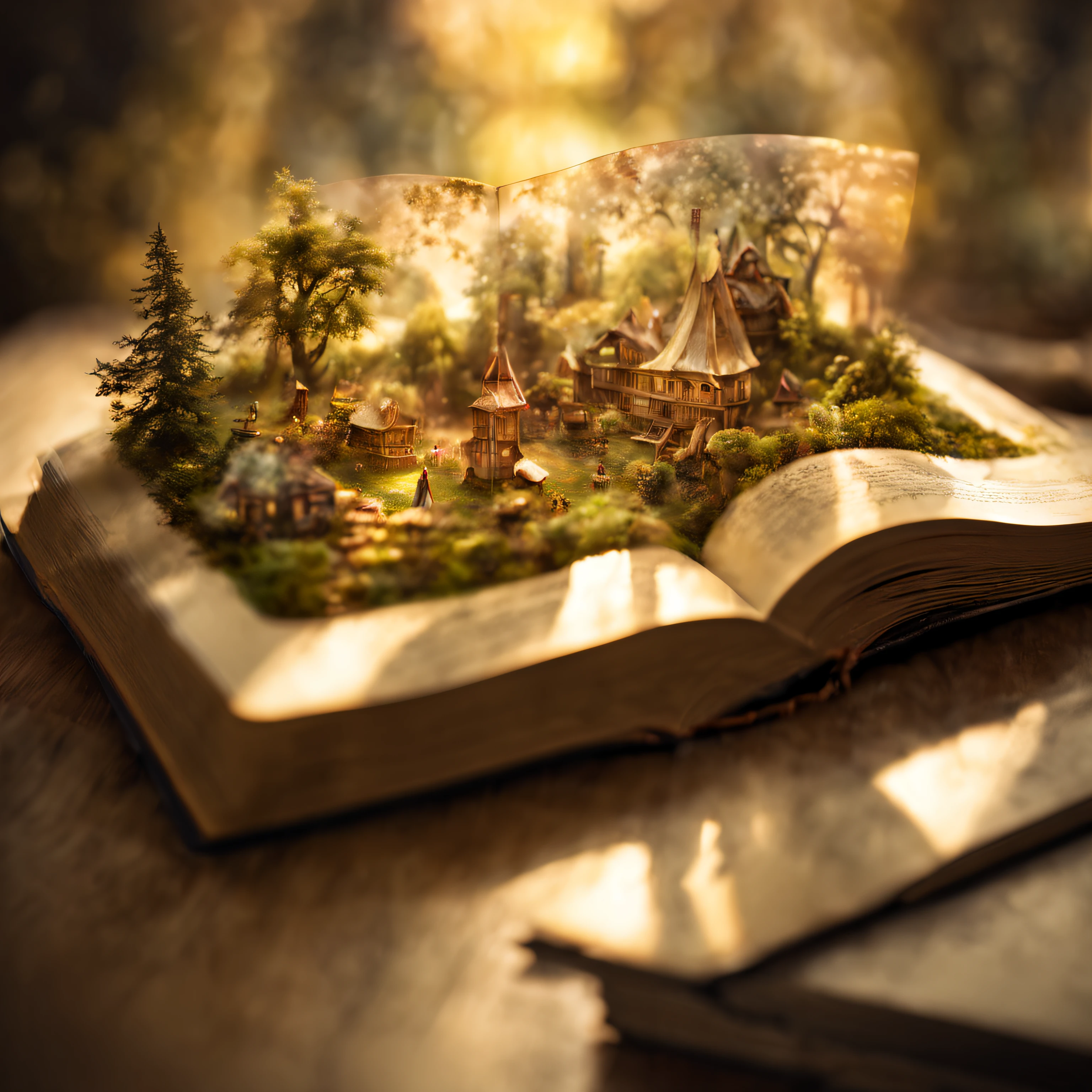 Double exposure photo, bringing together a small fairyland with fairies and an open book, an open book lies on the table, inside the open book is a fairyland with fairies with their own details, clearly inscribed within the open book, High depth of field, Doubleexposure, Extremely realistic, Extremely detailed, cinematic treatment, HDR, Photorealistic (Doubleexposure:1.2)