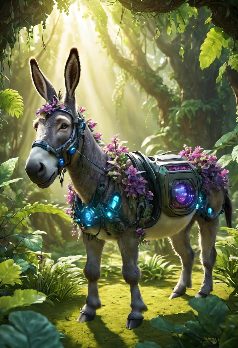 Futuristic ethereal donkey，sci-fi donkey，future donkey，Futuristic jungle background，tmasterpiece，（Very detailed CG unified 8k wallpaper），（Best quality），（Best Best Illustration），（The best shadow），The background is a forest theme，With natural elements，flowers blooming，warm color palette，Surrounded by delicate leaves and branches，rays of sunshine，（nature elements），（Jungle theme），（leafs），grape trees，，（exquisite leaves），（particle effect），isometric 3D，Rendered by Octane， ray traycing，ultra - detailed