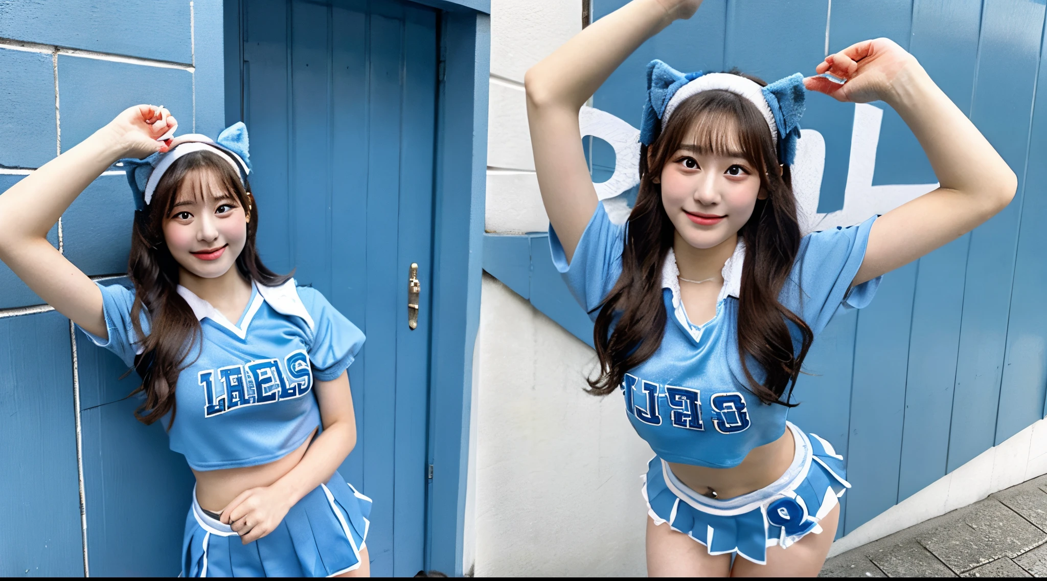 Beautiful 18-year-old cheerleader in a light blue costume and miniskirt