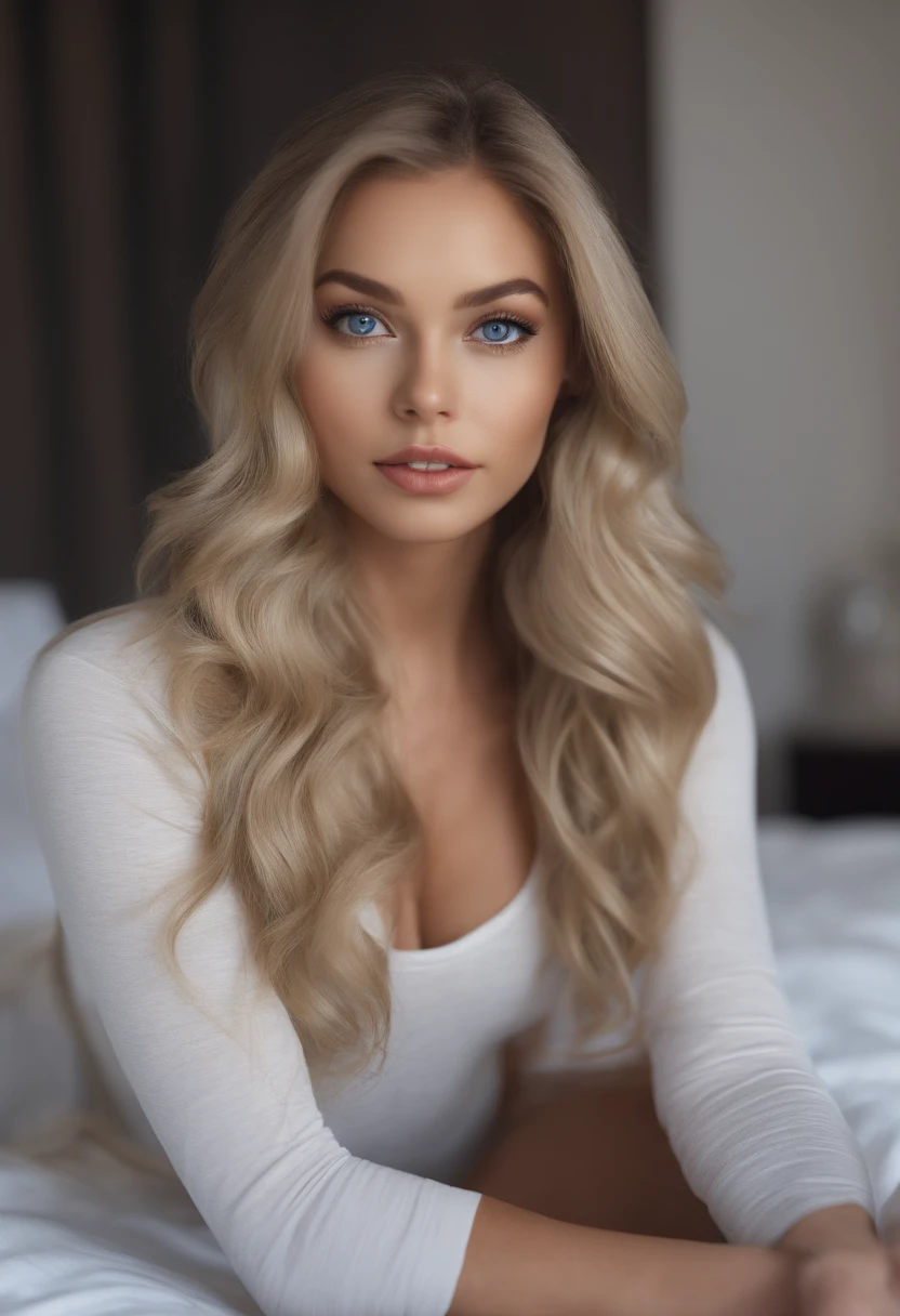 arafed woman fully , sexy girl with blue eyes, ultra realistic, meticulously detailed, portrait sophie mudd, blonde hair and large eyes, selfie of a young woman, bedroom eyes, violet myers, without makeup, natural makeup, looking directly at the camera, face with artgram, subtle makeup, stunning full body shot kneeling on bed, in bedroom, medium to large size bust