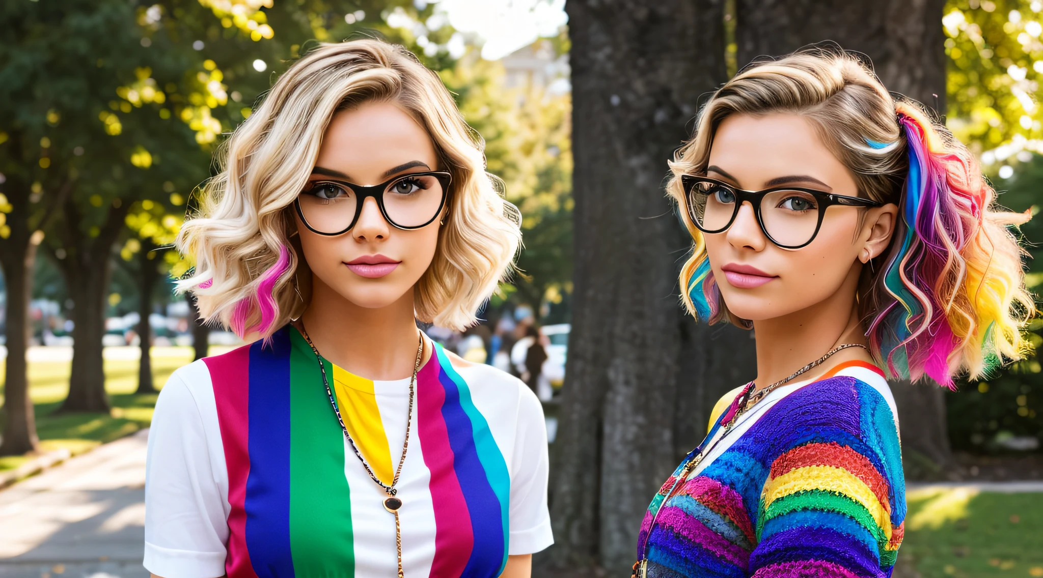 In the soft glow of a sunlit afternoon on the university campus, a confident and vibrant model with short, blonde hair adorned in the colors of the LGBTQI+ spectrum exudes individuality and pride. With fair skin and a pair of stylish glasses, she adds an intellectual touch to her expressive and colorful ensemble. Dressed in a fashion-forward outfit, the model showcases her unique style. The sunlight bathes the campus in warmth, casting a gentle play of light and shadows on the surroundings. The camera adeptly captures the nuanced details of her appearance, highlighting the textures of her clothing and the natural elements of the environment. Her short, blonde hair is a canvas for a playful display of LGBTQI+ colors, creating a dynamic and eye-catching effect. The colors are carefully woven into the hair, symbolizing inclusivity and diversity. The glasses add a touch of sophistication, complementing the overall look. Facial features are carefully portrayed, capturing the essence of a confident and expressive demeanor. The glasses enhance the model's intellectual appeal, while her engaging gaze adds depth and personality to the scene. The camera angles offer various perspectives, capturing the model in motion as she navigates through the campus scenery. The vibrant colors in her hair stand out against the greenery, creating a visually stunning and celebratory display of individuality and pride. This detailed image prompt aims to celebrate the radiant diversity and unique style of a model with short, blonde hair adorned in LGBTQI+ colors, wearing glasses and confidently embracing her identity on the university campus.