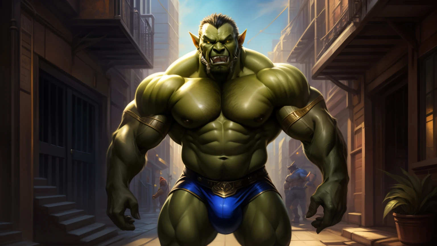 独奏, male,  Orc, fangs, Fat face, Broad face, wide shoulders, muscular, polish, Strong, ah high, giant, massive, Huge, gigantic, big biceps, large pectoral muscles, Green body, green skin, Yellow eyes, Detailed crotch, massive bulge, Author: Darkgem, Author: Mystikfox61, by Chunie, Author: Vader-san, looking a viewer, visionary, dramatic, City, alleyway,