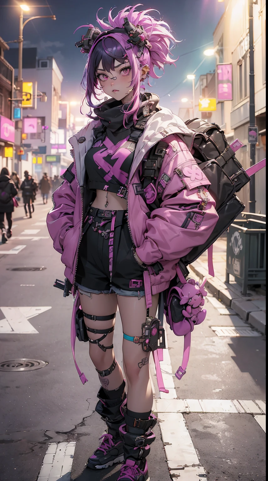 (top-quality、8K、32K、​masterpiece、nffsw:1.3)、(Photorealsitic:1.4),18-year-old punk girl,Wacky punk hair,punk fashion,Clothes with tacks、A pink-haired,Wacky makeup、Night street background,Glare of street lamps、lensflare、depth of fields,blurry backround,,,,,,,,,,,,