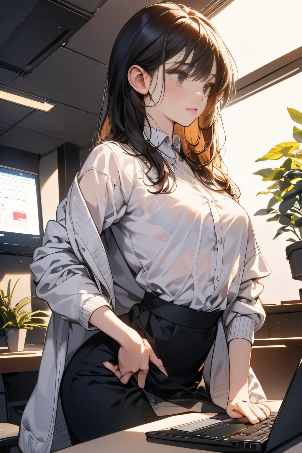 (longshot, looking away, shift off center, draw the face precisely, cinematic perspective), a woman is touching her breasts herself, wearing bra and jacket, small breast, in the office, skyscraper, plants, (using laptop to work), tight skirt, (sticks out her hip), (some monitors),