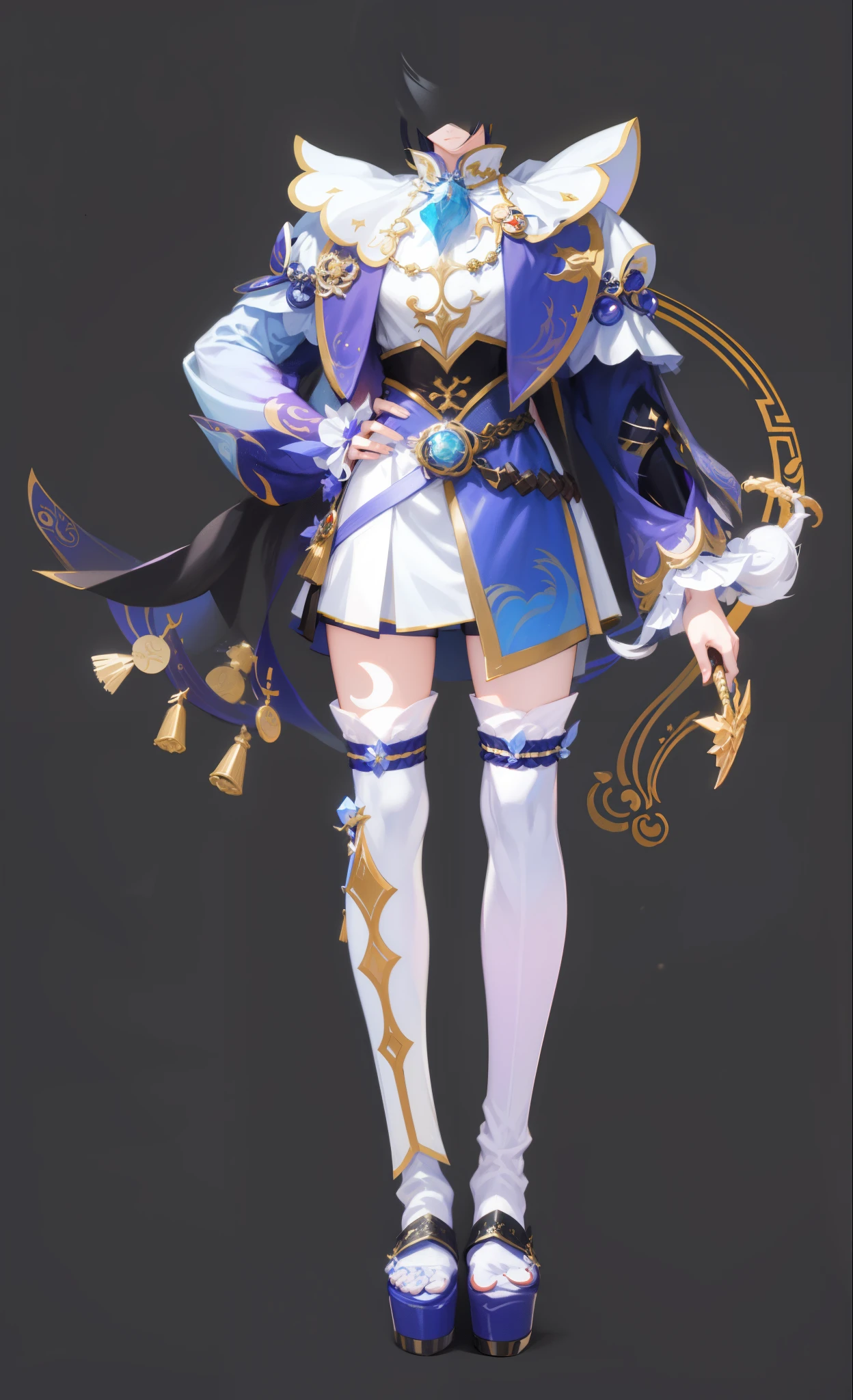 One in costume、Close-up of a man with a sword, lunar themed attire, Astral Witch Clothes, full body xianxia, clothes themed on a peacock mage, Ayaka Genshin impact, adorned in majestic attire, 《the original god》Keqing in, Fantasy costumes, Outfits with blue accents, Magic uniforms, Genshin impact's character, Beautiful celestial mage