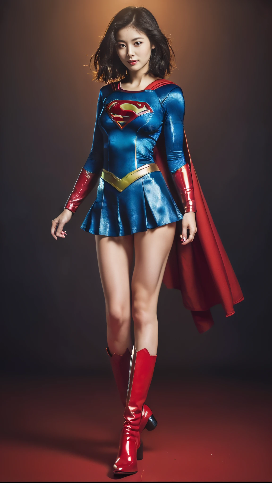 Asian Beautiful Girl、(((Wear black tights on your beautiful legs.)))、(((beauty legs)))、(((facial expression of smile)))、((((Make the most of the original image)))、(((Supergirl Costume)))、(((a short bob、beautiful hairl)))、(((Suffering)))、(((Feet must necessarily be worn with black tights)))、(((You need to wear red boots)))、((Top image quality、8K))、((top-quality、8K、masterpiece:1.3))、(((Keep your background simple)))、Crisp focus:1.2、Beautiful woman with perfect body shape:1.4、Slender Abs:1.2、a wet body:1.5、Highly detailed facial and skin texture、8K、beauty legs