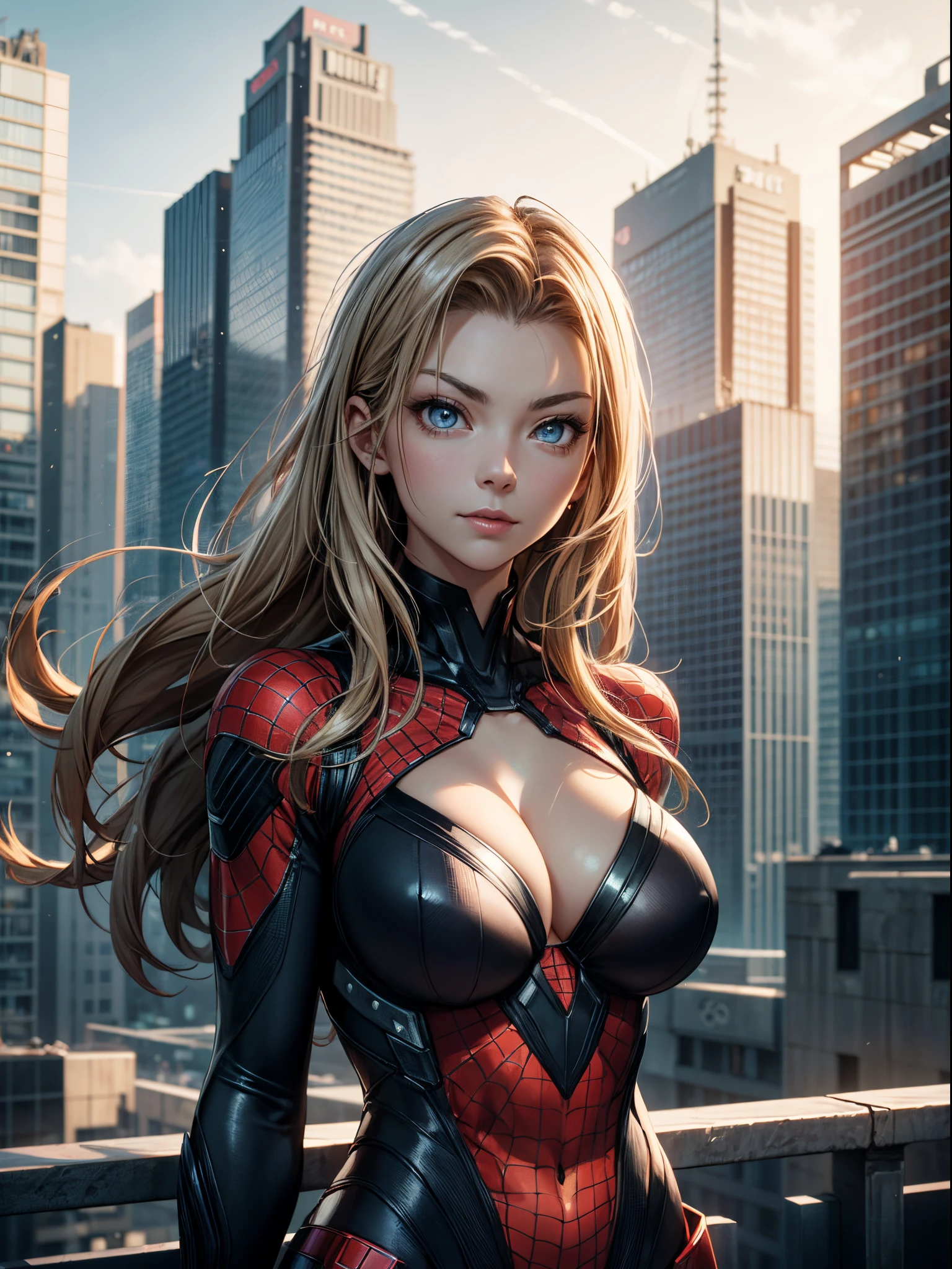 (masterpiece), (top-quality), sunset, natural lights, ,(realistic:1.5), Natalie Dormer as a superheroine, long blonde hair flowing in the wind, tanned, tattoos, wearing a futuristic Spider-Man costume, cleavage, sexy, sensual, hazel eyes, smiling, sexy pose, athletic, looking at viewer, eye contact, stunningly beautiful 20 years old superheroine, Marvel comics, modern day metropolis, night time, neon lights, evening, dynamic pose, action pose, detailed modern day city in background, alluring, seductive_pose, natural lights, cleavage, athletic body, medium breasts, upper body, mid shot, masterpiece, detailed, mature, bright colors, high saturation, stunningly beautiful girl, precise hands, determined expression, serious, courageous, brave, Clear eyes, Shining eyes,, ultra-definition, Top resolution, soft lightning