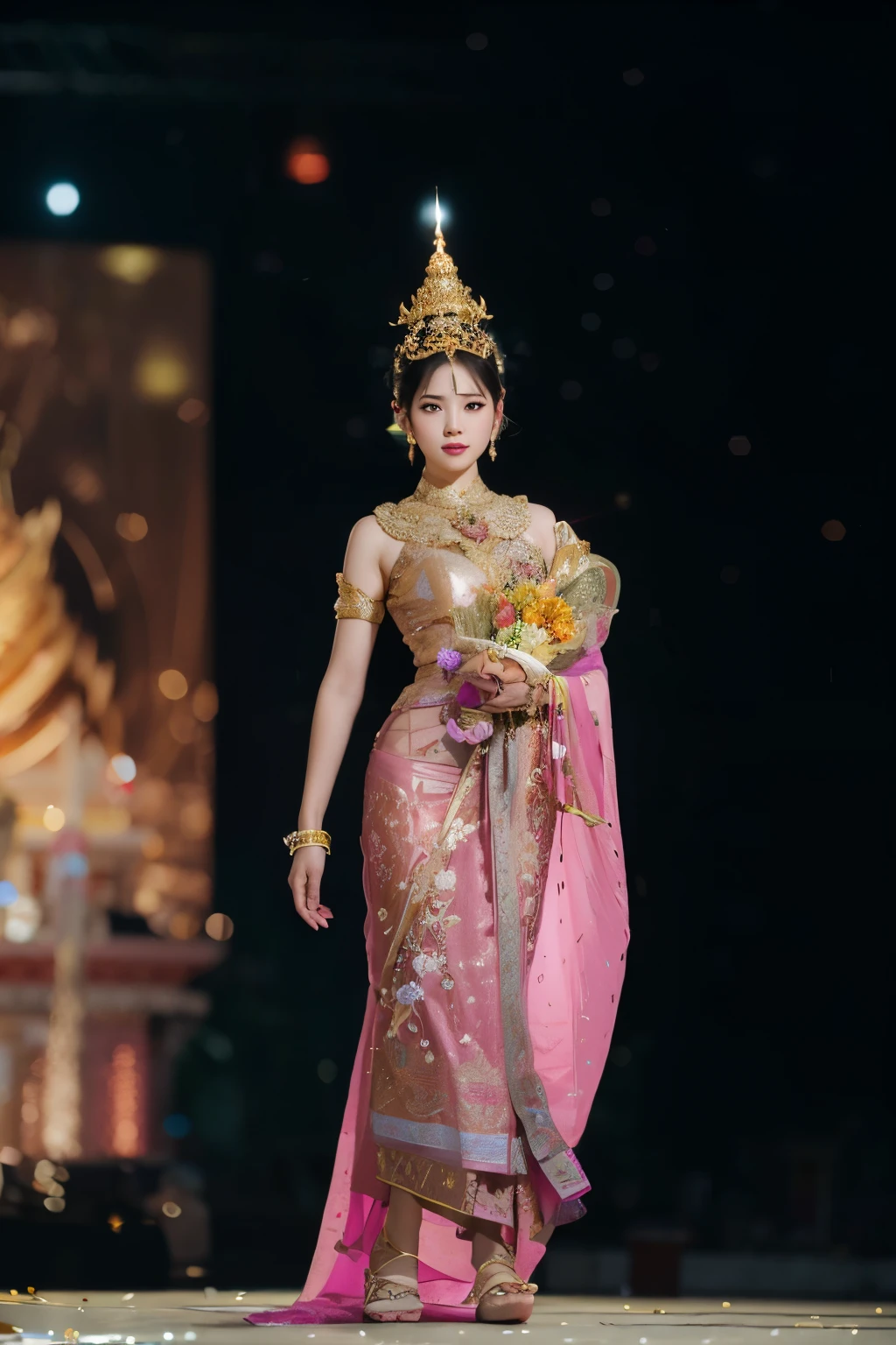 Details, high resolution, portrait,3D, Lightings,Thai Golden temple background, full body shoot, photography