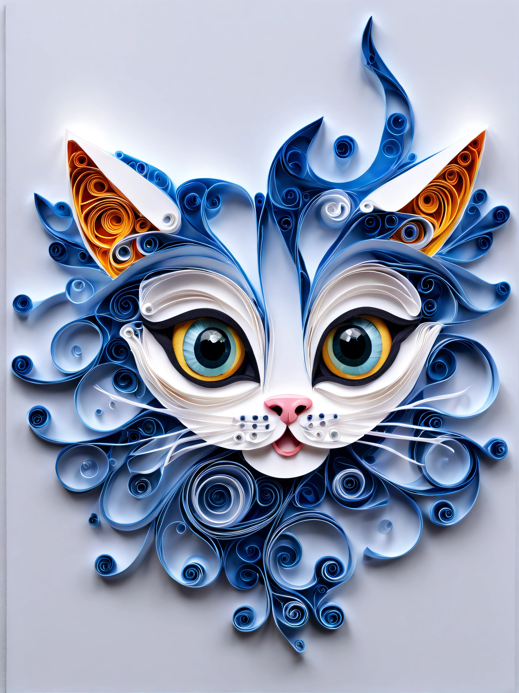 (Paper Quilling Artwork), anatomically correct cat with big cute eyes and fuzzy wavy hair, simple background, intricate detailed folding techniques, layered, delusional, 16k, UHD