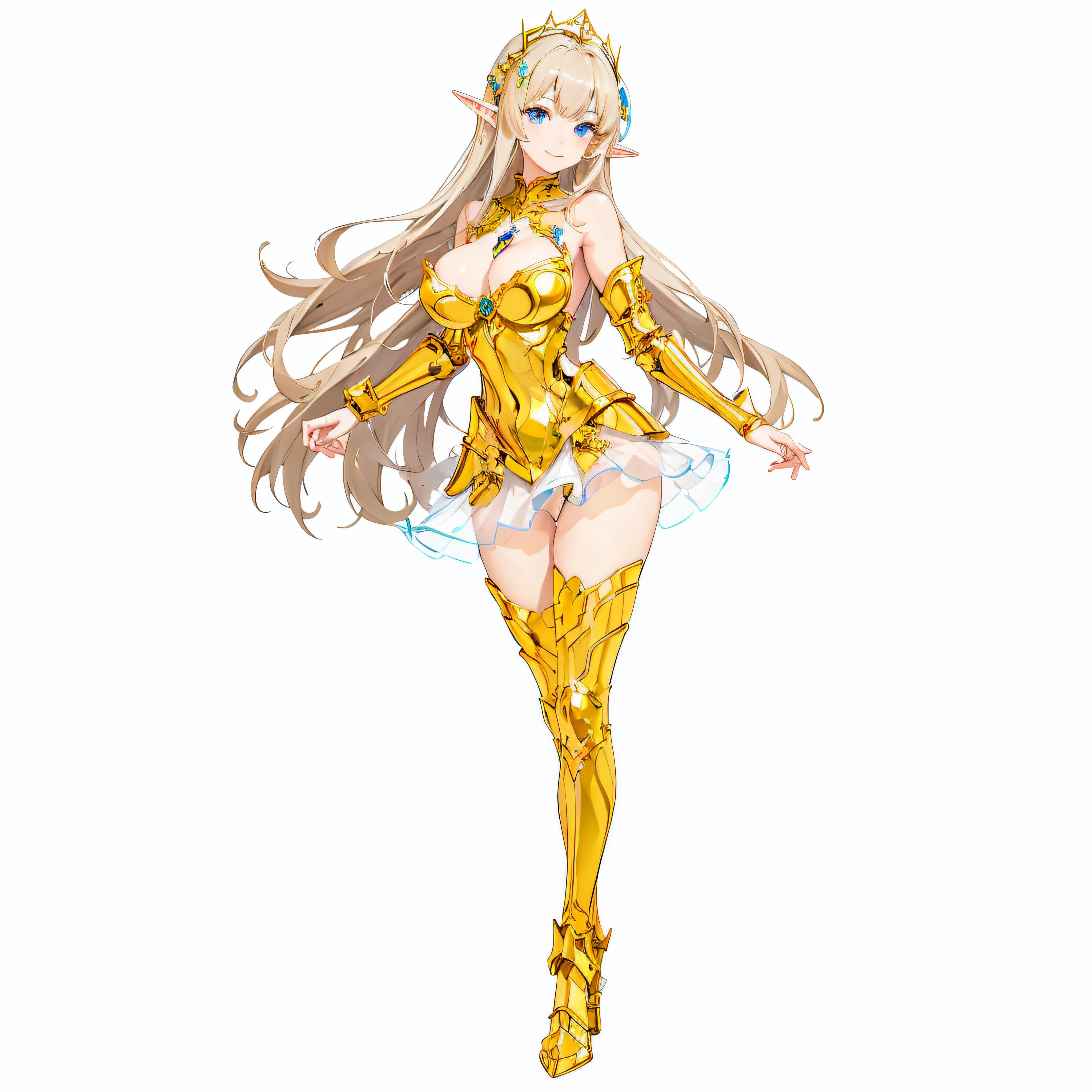 highest quality、Very detailed、High resolution、１６ｋ、Thin contours、Elf with long ears、I can see her nipples、Shining golden armor、Golden Bikini Armor、Very big 、Very big 、Boob Proportion、Smile of the Goddess、Elf girl、Very white skin、Beautiful fingers、Perfect Style、Elf、No bra、Blonde hair and blue eyes、Cool smile