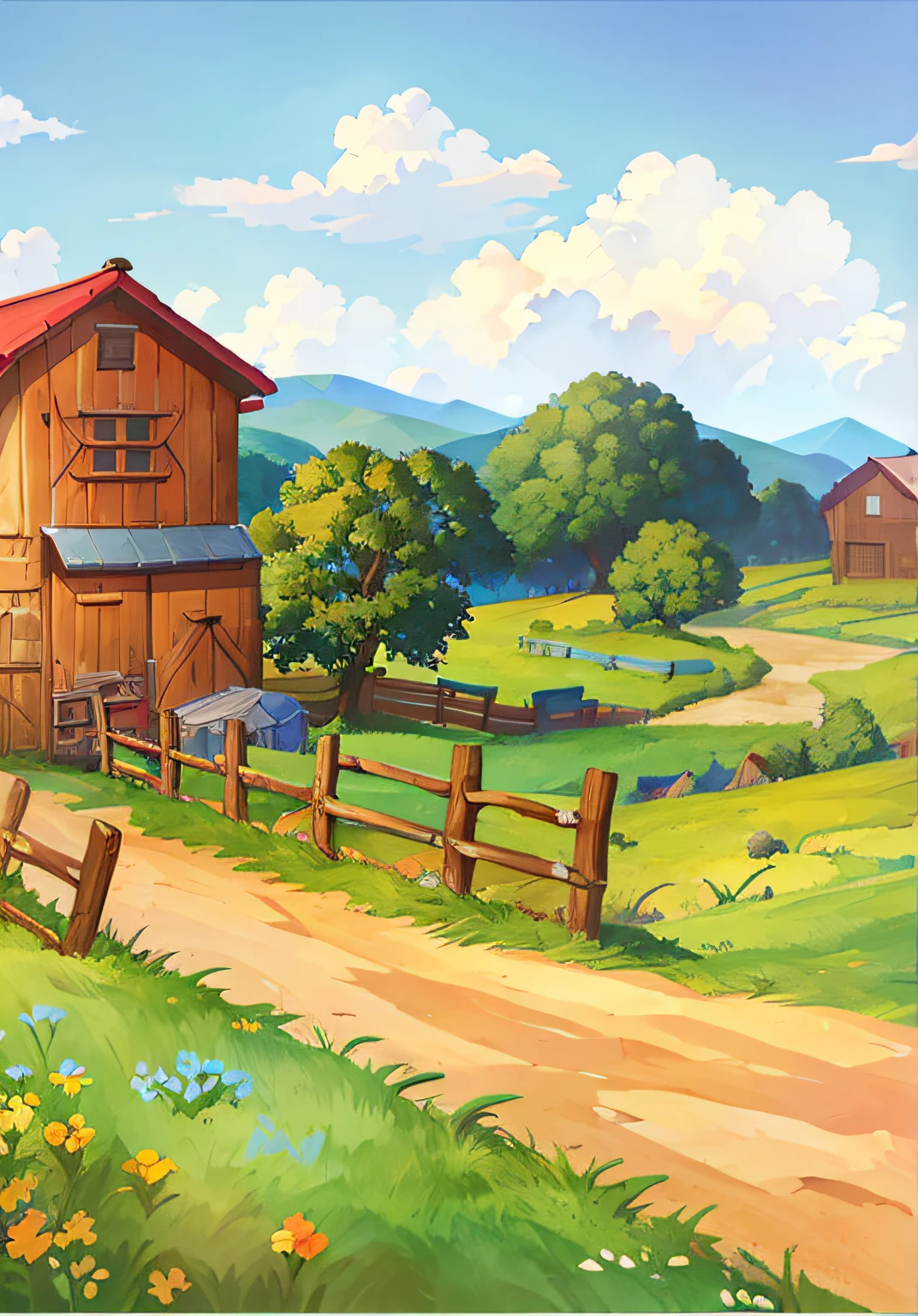 cartoon farm scene，There is a road and a barn, Anime countryside landscape,View in the distance，Green mountains，Clear blue sky , background artwork, arte de fundo, landscape artwork, grassland background, steppe landscape, Anime background art, Game illustration, Stylized digital illustration, rural urban scene, Detailed explanation of landscape art, Official artwork, detailed game art, Anime landscape concept art, detailed game art illustration