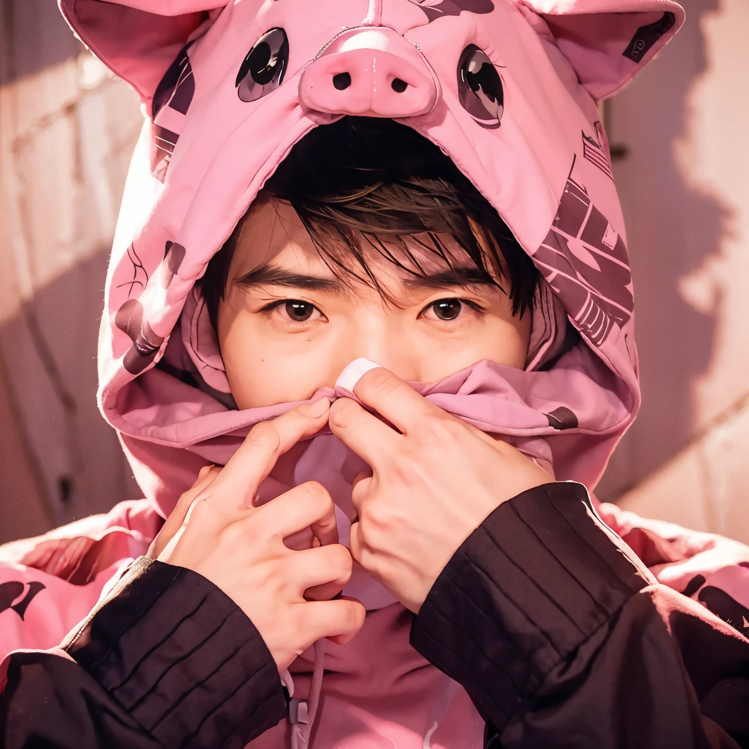 Japanese man in pink pig hoodie covering his mouth with hands