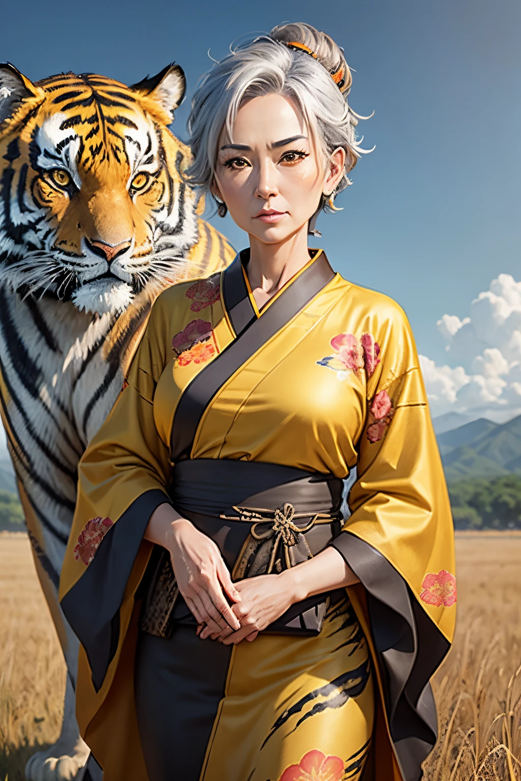 Realistic anime style, from the front, woman, oriental, 60s, age marks, short gray hair, yellow black and orange kimono with animal print, with a large tiger at her side, in a field.