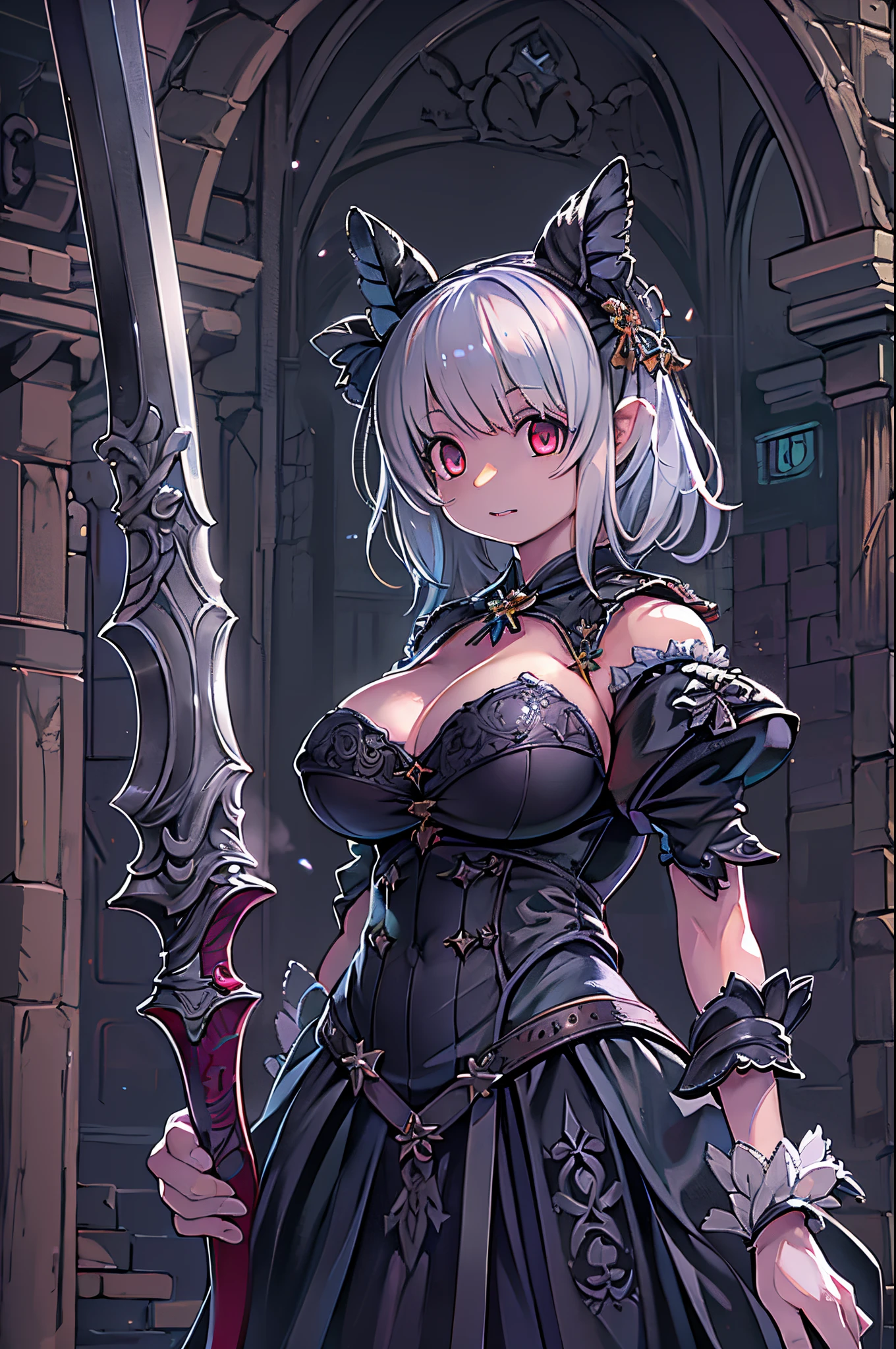 (Best Quality), Dark Fantasy, Big sword, magical girl, Gothic, Twin-tailed, Realistic, ultra-detailliert, High Definition, Anime, huge tit、huge-breasted