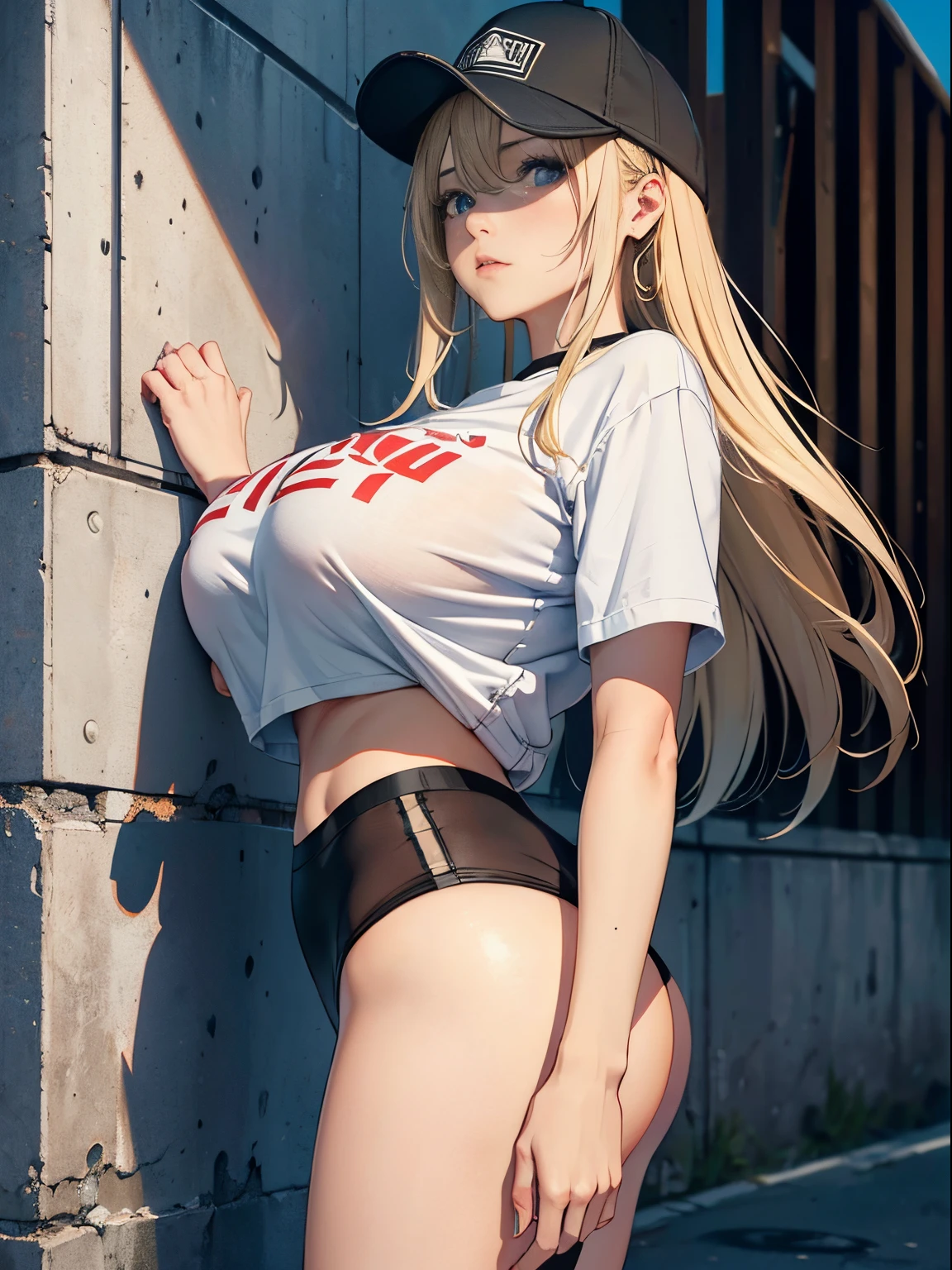 a 20 yo woman、(masterpiece:1.4)、(in 8K、realisitic、Raw photo、top-quality:1.4)、(Real Face:1.4)、(real looking skin:1.3)、超A high resolution、A hyper-realistic、Black eyes、Blonde longhair、print t-shirt、Black pants、caps、(huge-breasted:1.5)、Blushing、alluring face、Embarrassed look、Back alley、Standing against the wall