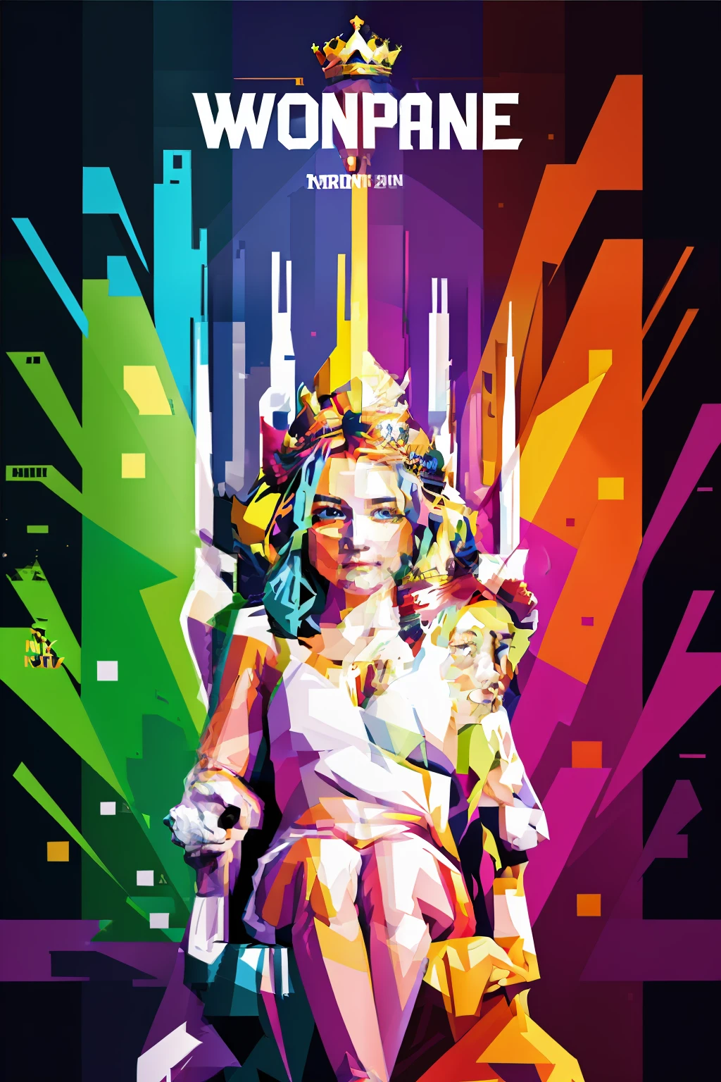 WPAP style, Queen sitting on the throne wearing a crown, Color coordination，Front view，projected inset, 8k, super detail, ccurate, best quality