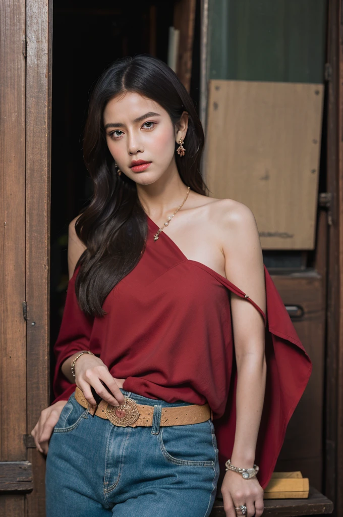 (Realistic:1.4),(masterpiece:1.2), (bestquality:1.2),looking at the audience,Dramatic angle,dramatic pose,(cowboy shot:1.2),
1girls,(Comfortable red:1.4),(jewelry),Show right shoulder
,