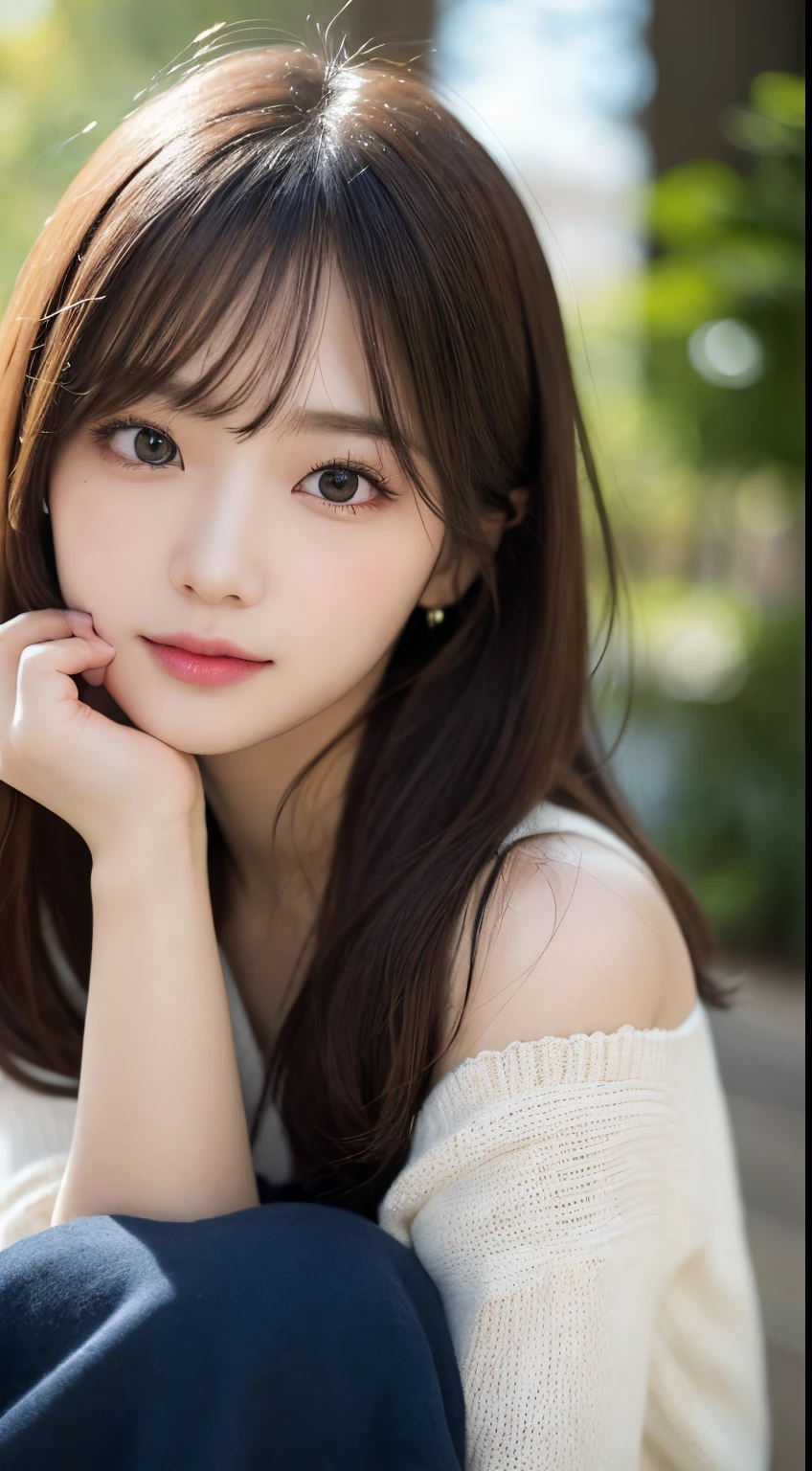 masutepiece, Best Quality, Illustration, Ultra-detailed, finely detail, hight resolution, 8K Wallpaper, Perfect dynamic composition, Beautiful detailed eyes, Oversized knitted sweater(navy)And long skirts,Medium Hair,Small breasts natural color lip, Bold sexy poses、20 years girl、Cute、Sexy shot looking at camera,Close-up of your face,KPOP Idol Face