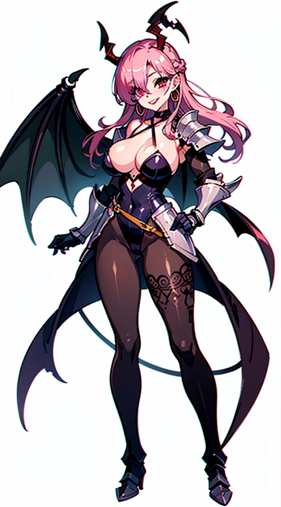 "(masterpiece:1.1), best quality, NSFW, 
1girl, (80s anime style:1.3), (eyelashes:1.5), (li:1.2), 
(intricate high detailed body:1.2), 
pink hair, (hair over one eye:1.1), (long hair, french braid:1.1), (demon horns:1.2), 
red eyes, (red lip stick:1.3), 
(slim body:1.1), (gigantic breasts:1.1), 
(grin:1.2), 
(high cut leotard armor, criss-cross halter:1.2), (pantyhose:1.2), 
(knight armor, armored boots:1.2), (belts:1.1), (hoop earrings:1.1), hand cuffs, 
standing, dynamic pose, 
(full body, looking at viewer, from front:1.1),
(simple white background:1.2)"