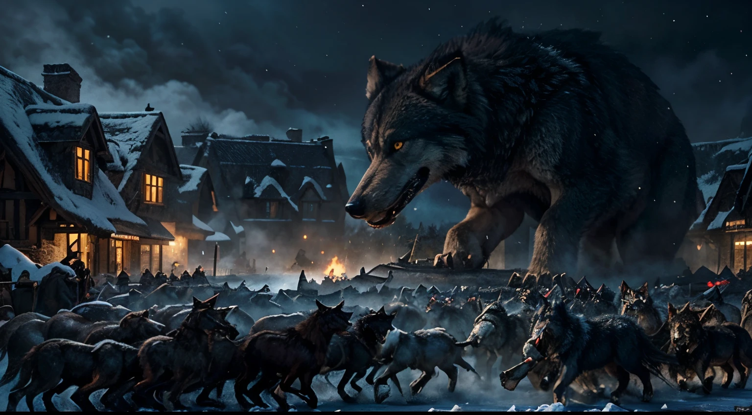 Giant wolf with countless ofhis offsprings, Fenrir, fantasy, horror, mysterious, foggy, frozen North, attacking village, swarming, epic, too many wolves, epic fantasy concept art, midnight