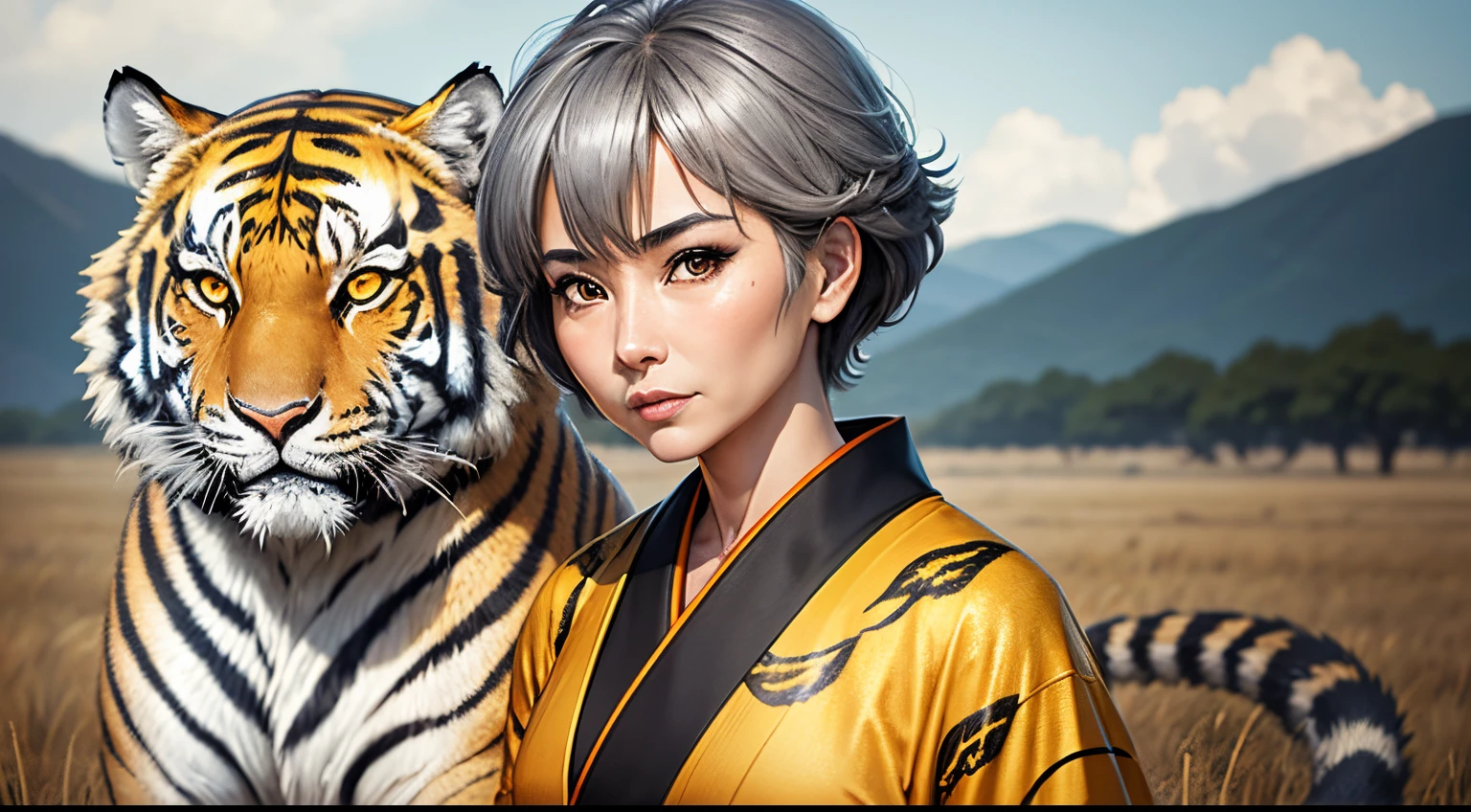 Realistic anime style, from the front, woman, oriental, 60s, age marks, short gray hair, yellow black and orange kimono with animal print, with a tiger at her side, in a field.