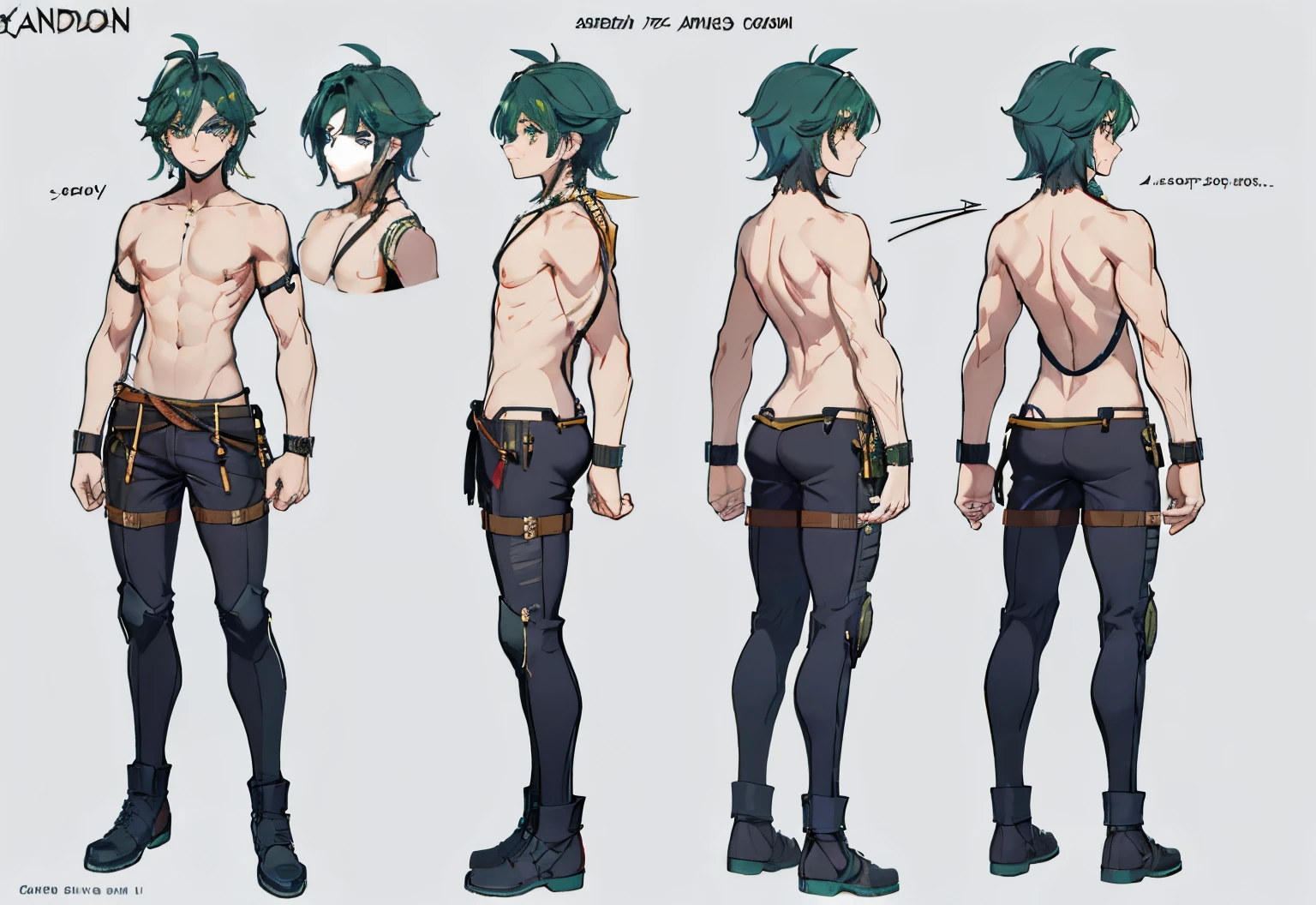 1male, reference sheet, matching outfit, (fantasy character design, front angles, side angles, rear angles) man, Kaelan, thin, lithe and agile with sable hair in unruly waves, Rogue, piercing emerald-green eyes, freckles, Desert wanderer, tanned skin, revealing keen intellect. Average height, lean and toned build from navigating Sandlands. Subtle scar on left cheek. Naked model, Wears no clothing, Nudist, nsfw.