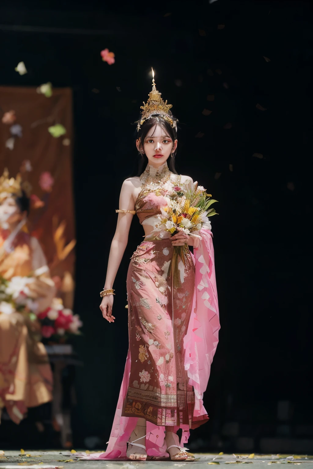 Details, high resolution, portrait,3D, Lightings,Thai Golden temple full background (Loy Krathong Festival), she holding there is a cake with a candle and flowers on it, made of flowers and leaves, made of flowers and fruit, flower sepals forming helmet, made of fruit and flowers, in style of thawan duchanee, flowering pineapples and orchids, hight decorated, made of colorful dried flowers, decorated with flowers, flowers with very long petals, happy birthday,So Beautiful,full body shoot, photography, photo shooting, realised,