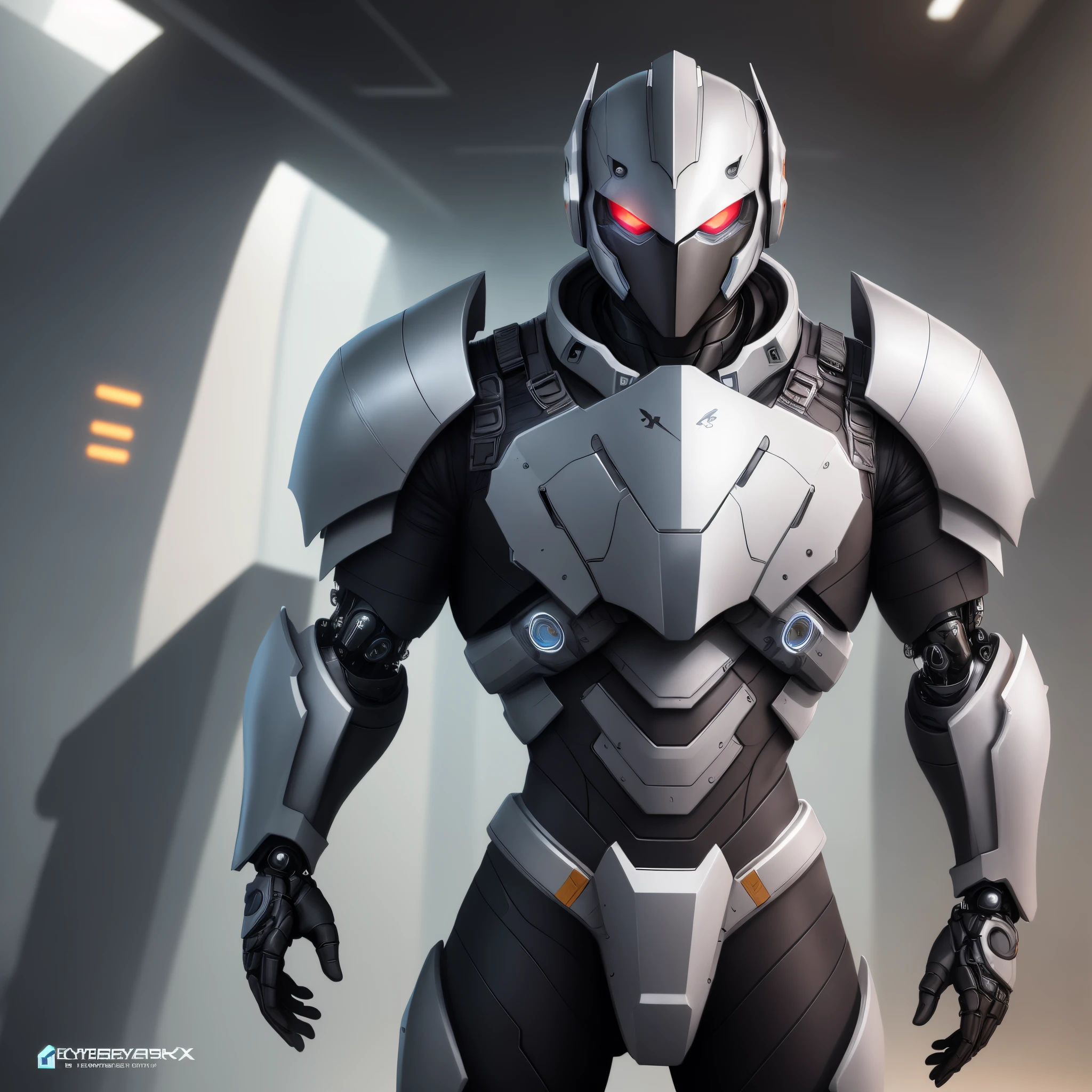 Appearance: CyberGuard X-9 has resistant metal armor, standing out for its shiny silver color. His original human face is partially visible, creating a contrast between his past humanity and his new cybernetic form.